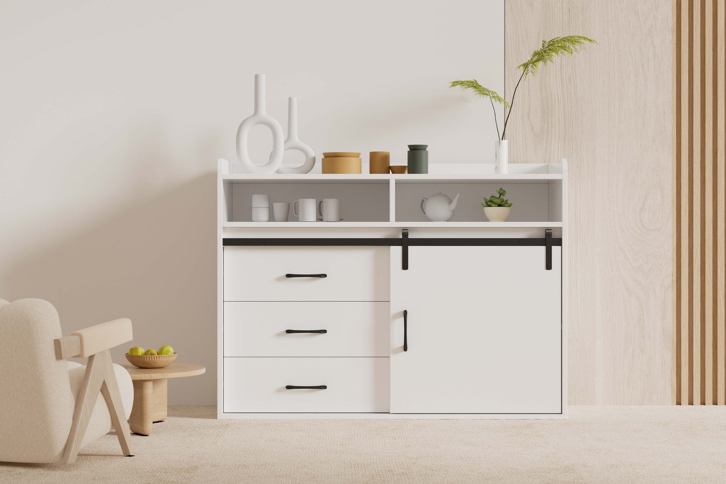 HOMAVO Modern Sideboard – 3 Drawers, 1 Sliding Door & 2 Open Shelves | Elegant Storage Cabinet for Living Room or Dining Room
