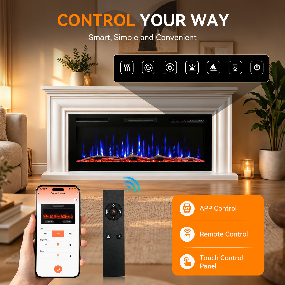Electric Fireplace Cabinet with Remote Control — 14″ to 50″