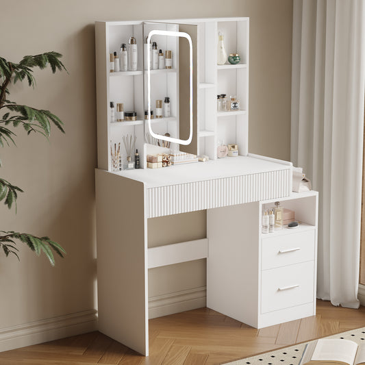 HOMAVO Modern LED Vanity Table – Makeup Desk with Adjustable Lighting, 3 Drawers & 8 Open Shelves for Bedroom and Dressing Room