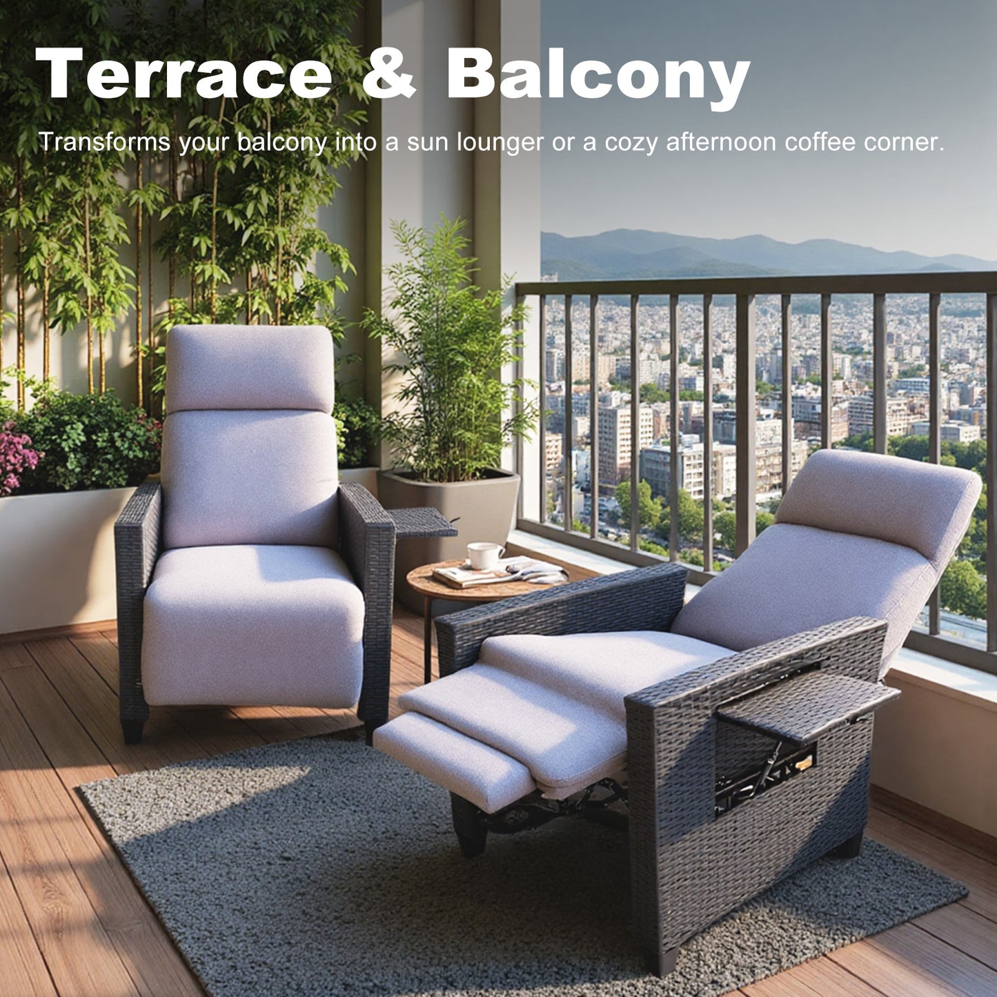 HOMAVO TY02 Rattan Recliner Armchair – Adjustable Backrest, Built-in Side Table, Waterproof & Sun-Resistant, Ideal for Indoor, Balcony, Patio, and Garden