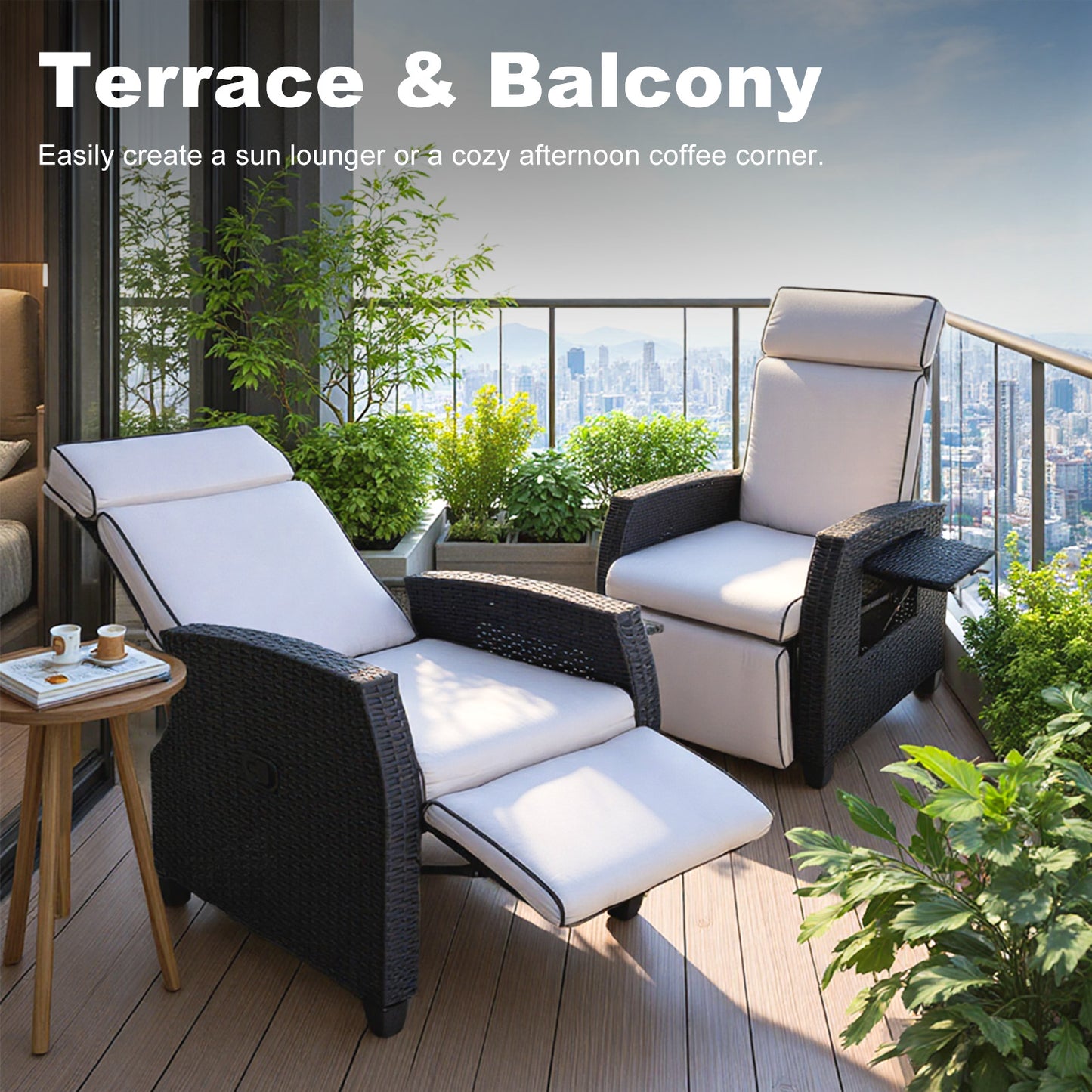 HOMAVO TY01 Rattan Recliner Armchair – Adjustable Backrest, Built-in Side Table, Waterproof & Sun-Resistant, Ideal for Indoor, Balcony, Patio, and Garden