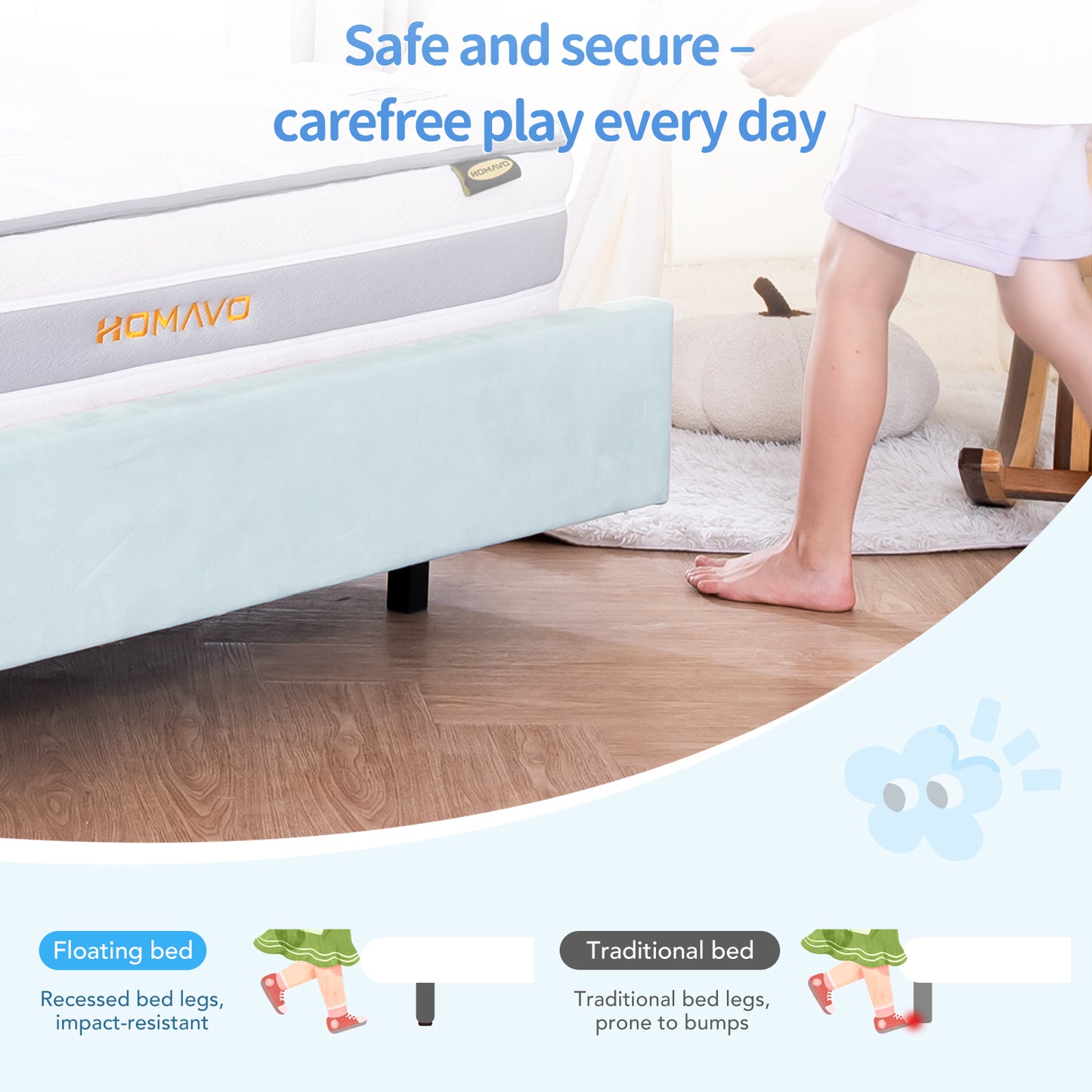 HOMAVO Kids Bed, Floating Bed, Prince/Princess Dream Bed, Cloud-Shaped Bed, LED Music Light, Sturdy Frame