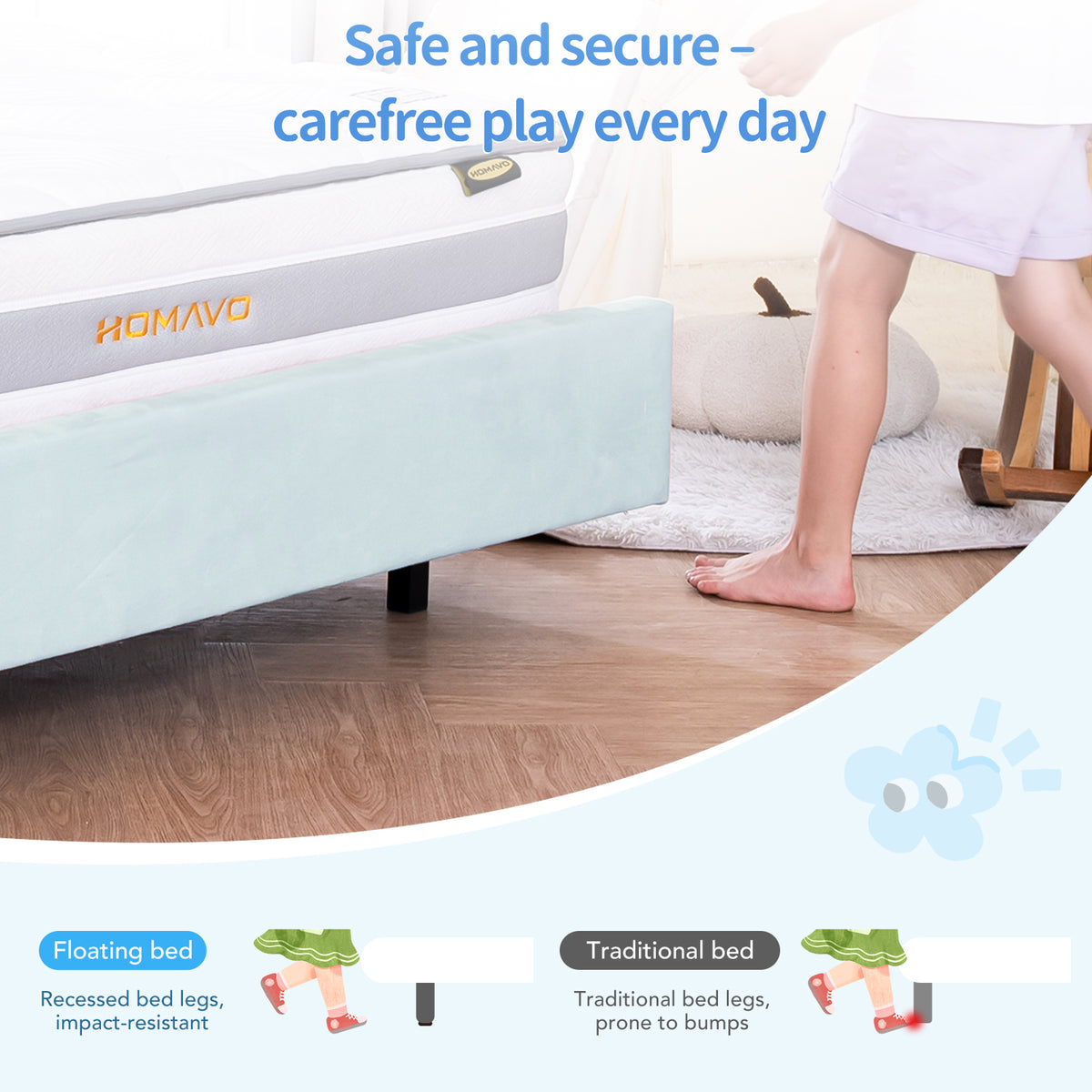 Blue & Pink Cloud-Shaped Floating Kids Bed with LED Music Light