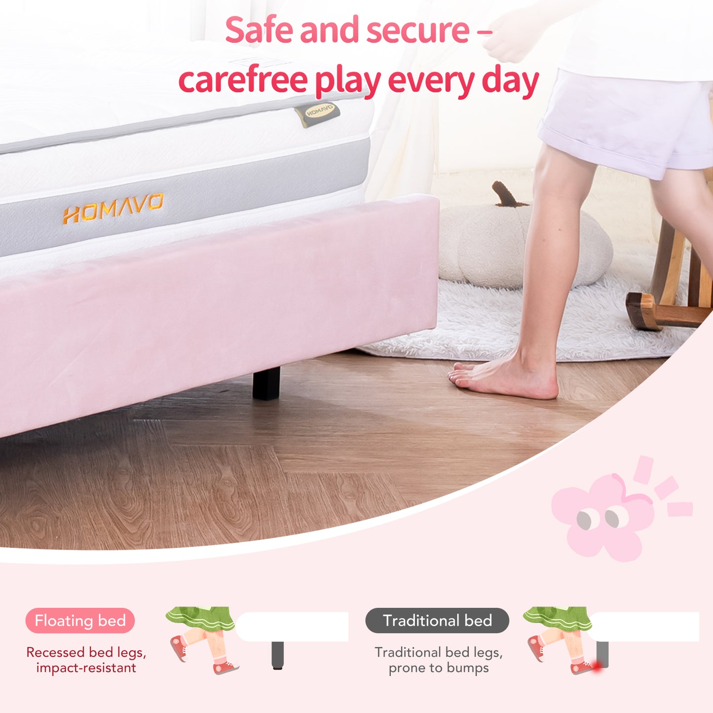 HOMAVO Kids Bed, Floating Bed, Prince/Princess Dream Bed, Cloud-Shaped Bed, LED Music Light, Sturdy Frame