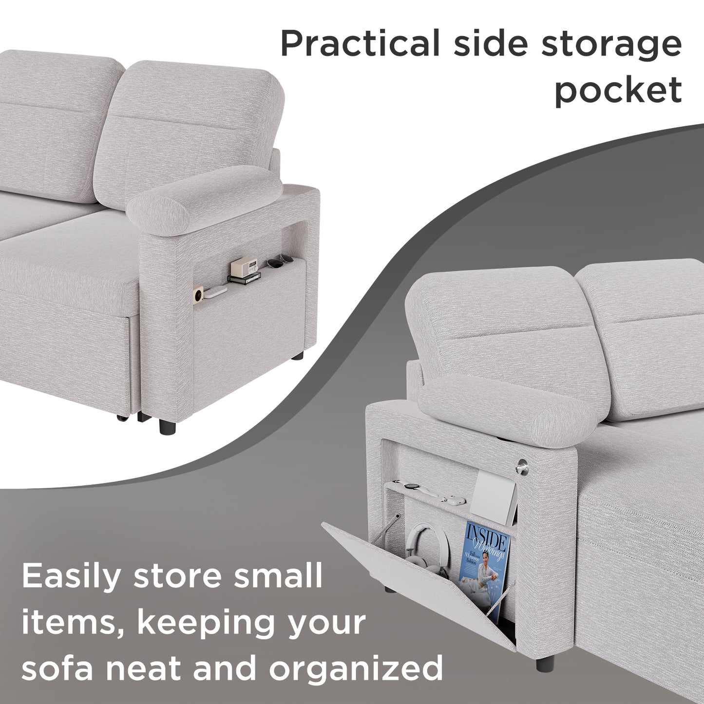 HOMAVO Multifunctional L-Shaped Corner Sofa, Reversible Chaise Longue (Left or Right), Pull-Out Bed, Spring-Package Seat Cushions, Fabric Upholstery, Large Storage Space, Cup and Phone Holder, Removable Covers, FSC Wooden Frame