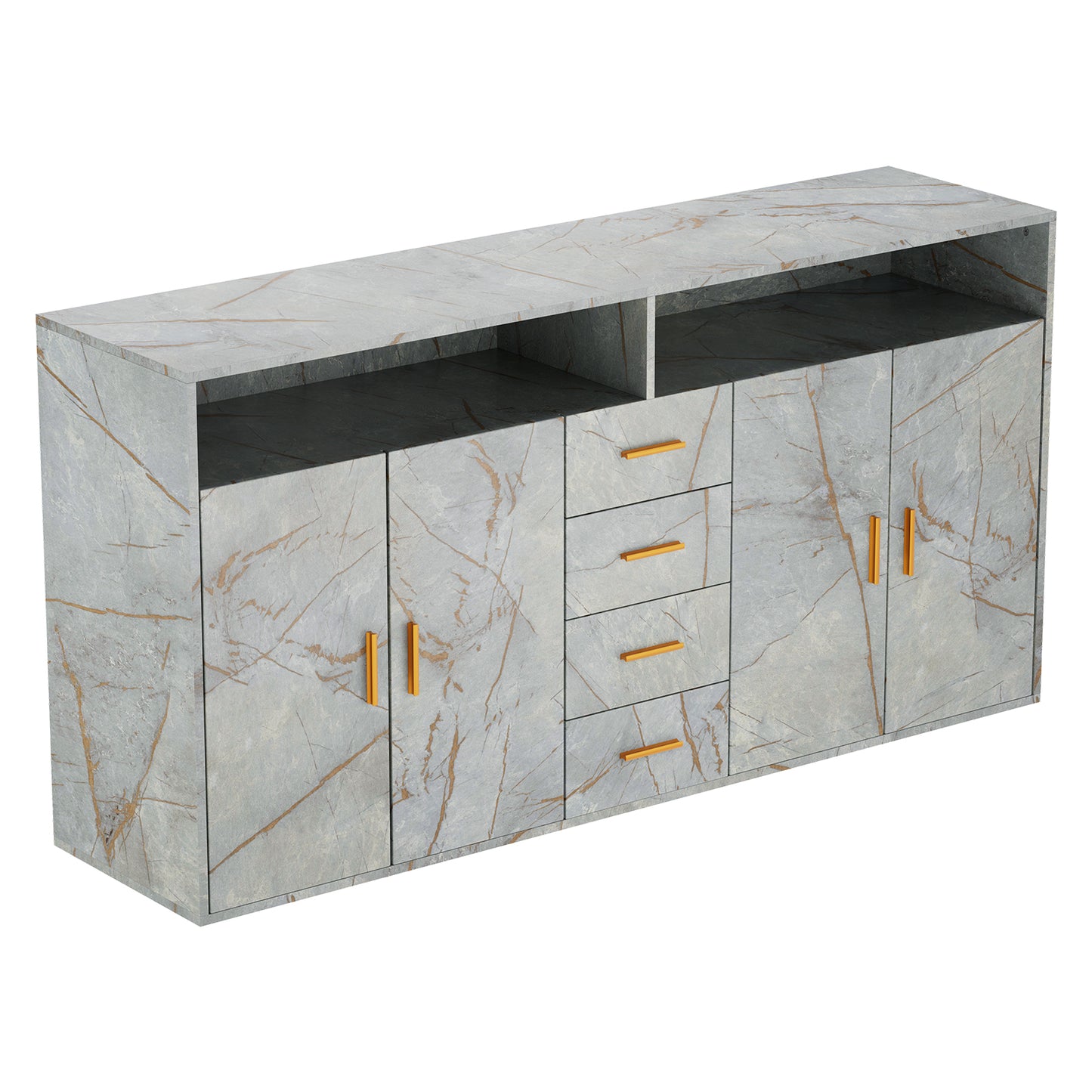 HOMAVO Modern Storage Sideboard with 4 Drawers, 2 Doors and 2 Open Shelves – Buffet Cabinet for Living Room or Dining Room