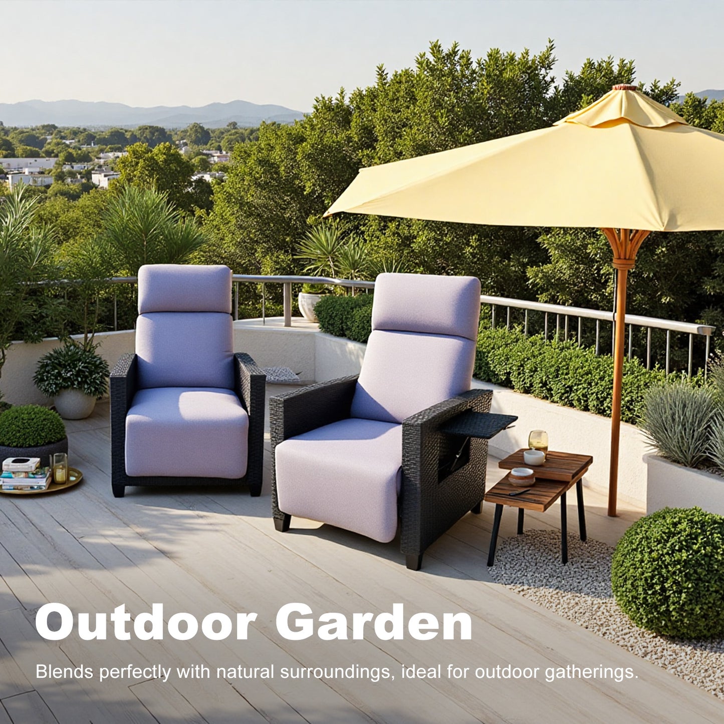 HOMAVO TY02 Rattan Recliner Armchair – Adjustable Backrest, Built-in Side Table, Waterproof & Sun-Resistant, Ideal for Indoor, Balcony, Patio, and Garden