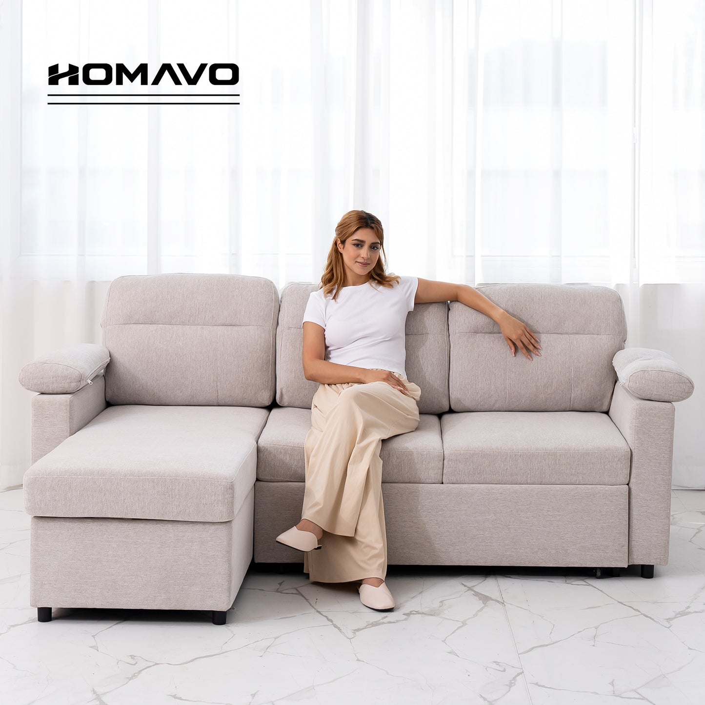 HOMAVO Multifunctional L-Shaped Corner Sofa, Reversible Chaise Longue (Left or Right), Pull-Out Bed, Spring-Package Seat Cushions, Fabric Upholstery, Large Storage Space, Cup and Phone Holder, Removable Covers, FSC Wooden Frame