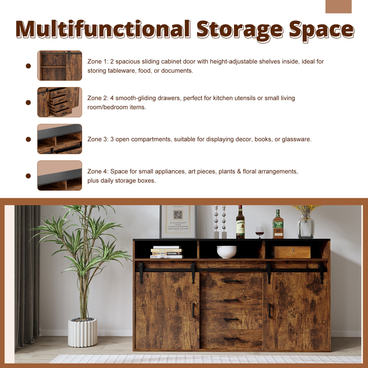HOMAVO Modern 2-Piece Sideboard with 4 Drawers, 2 Sliding Doors and 2 Open Shelves | Elegant Storage Cabinet for Living Room or Dining Room