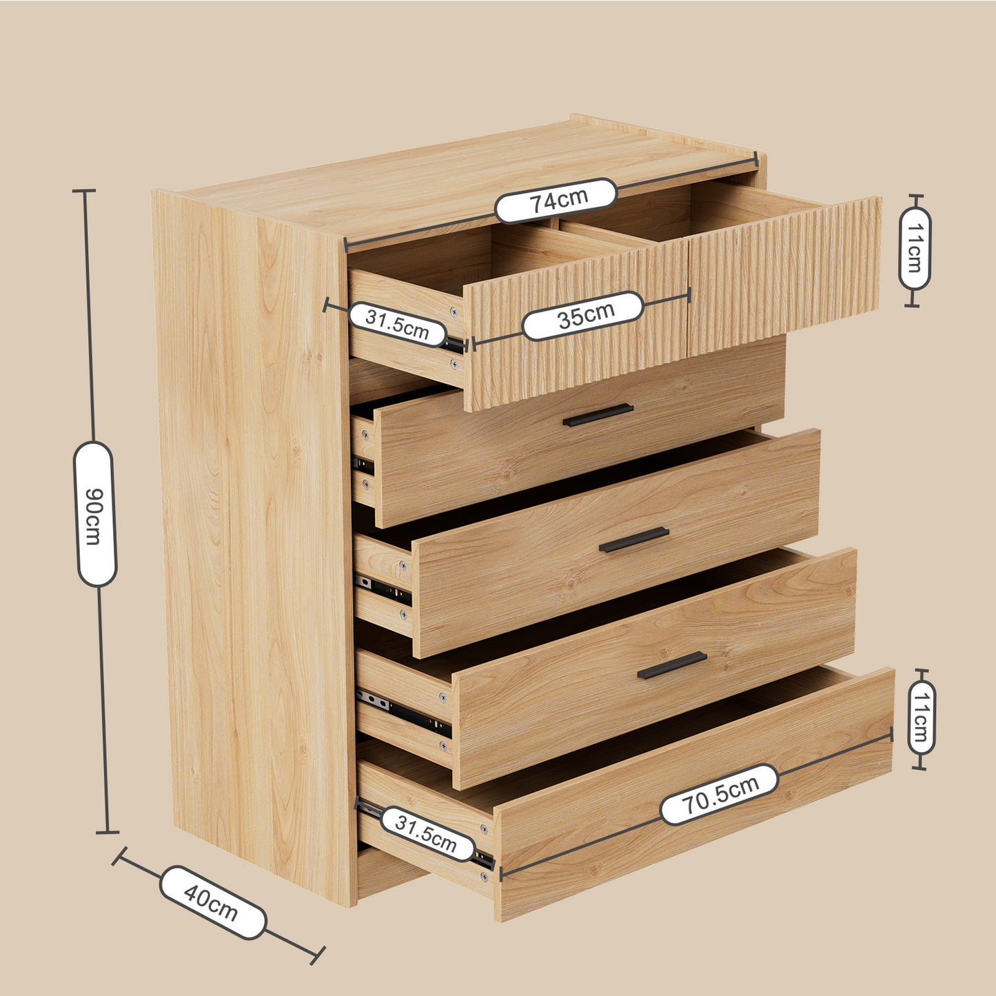 HOMAVO Dresser 74×90 cm – Modern Storage Cabinet with 6 Spacious Drawers and Easy-Clean Surface