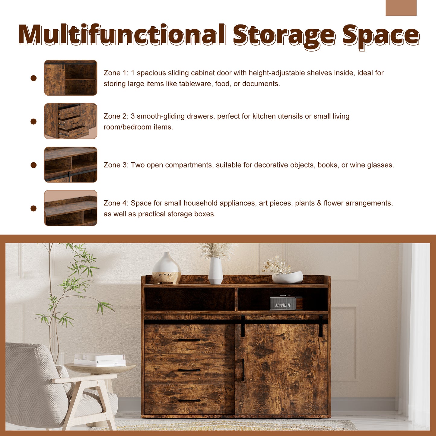 HOMAVO Modern Sideboard – 3 Drawers, 1 Sliding Door & 2 Open Shelves | Elegant Storage Cabinet for Living Room or Dining Room