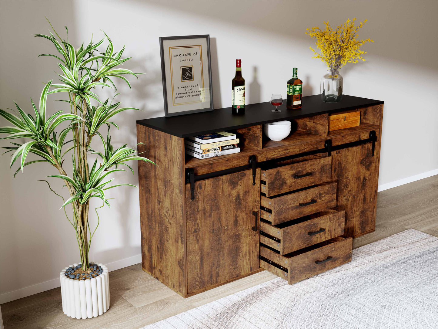 HOMAVO Modern 2-Piece Sideboard with 4 Drawers, 2 Sliding Doors and 2 Open Shelves | Elegant Storage Cabinet for Living Room or Dining Room