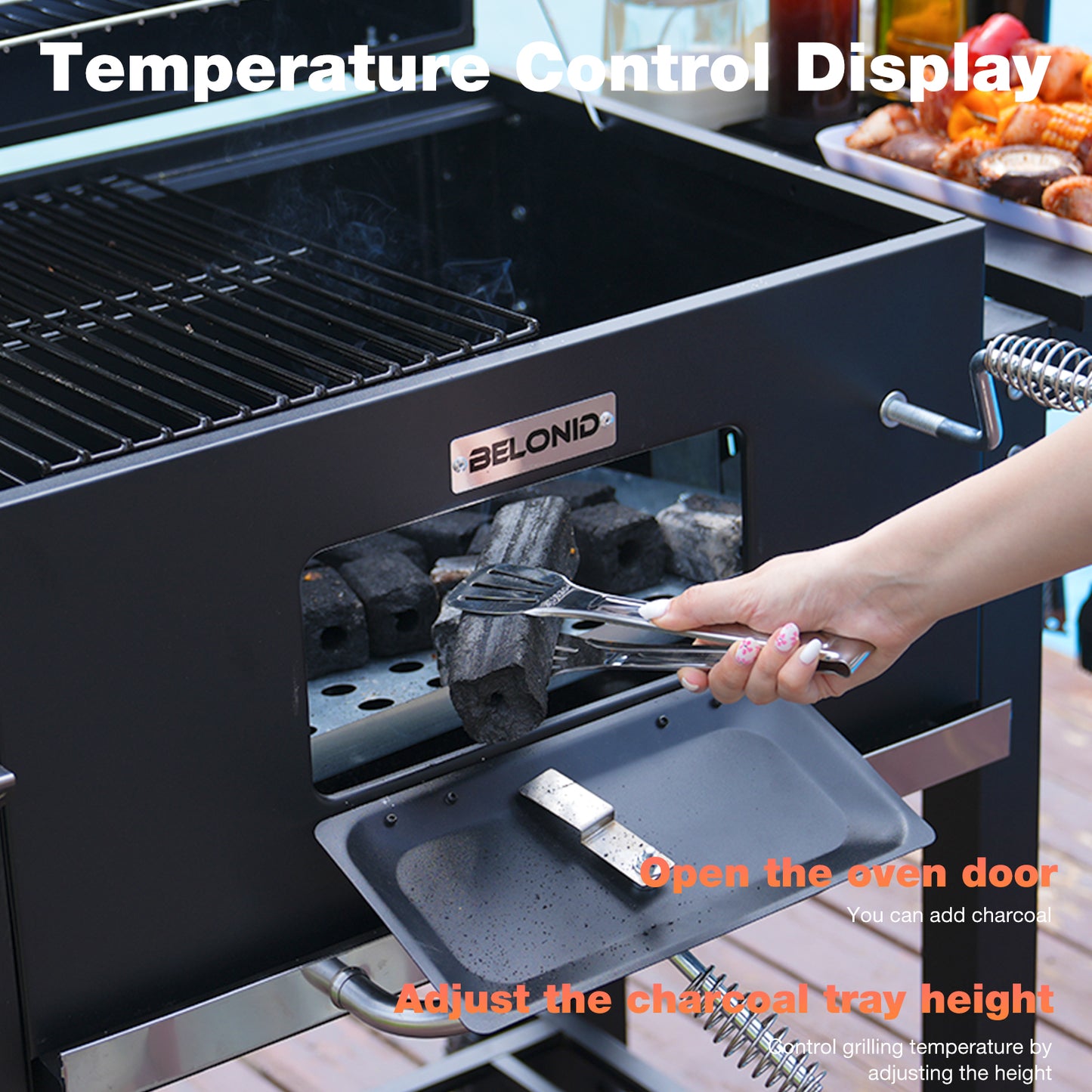HOMAVO Charcoal Grill, Grill Surface: 56 × 42.5 cm, Height Adjustable Carbon Tub, Foldable Side Table