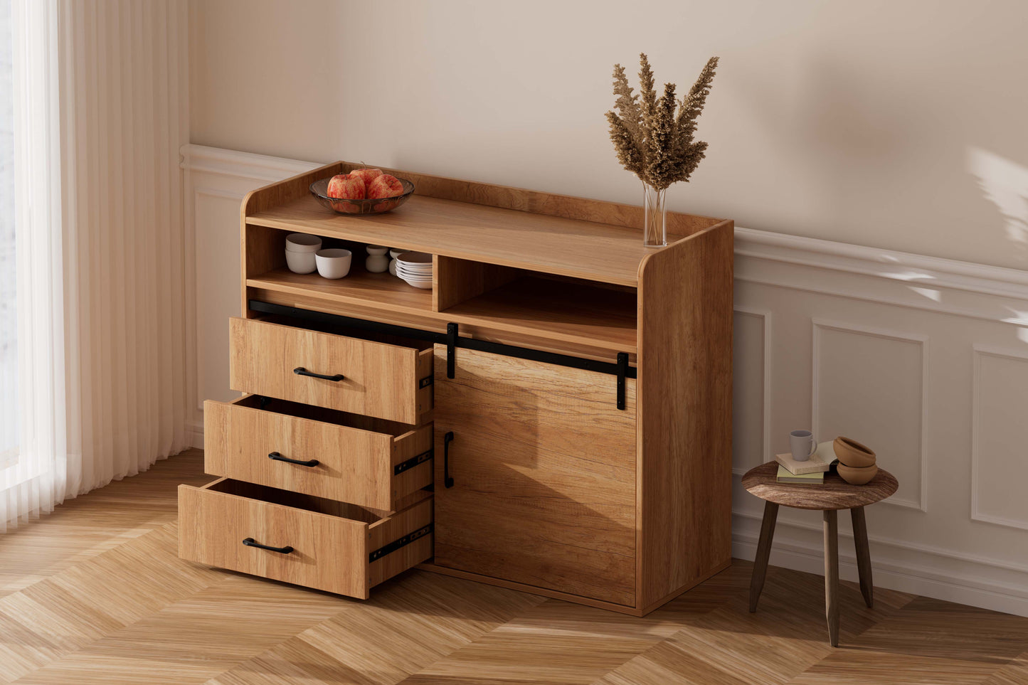 HOMAVO Modern Sideboard – 3 Drawers, 1 Sliding Door & 2 Open Shelves | Elegant Storage Cabinet for Living Room or Dining Room