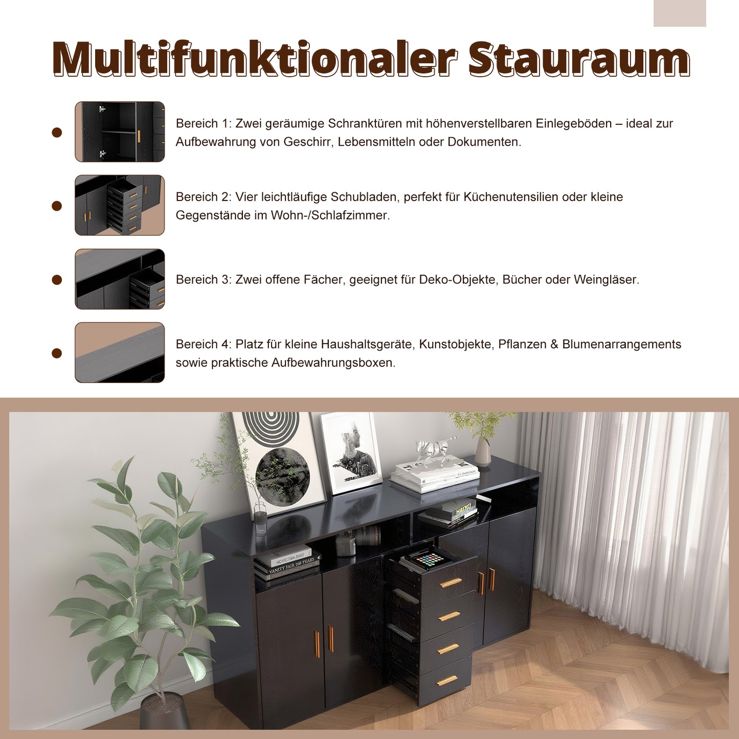 HOMAVO Modern Storage Sideboard with 4 Drawers, 2 Doors and 2 Open Shelves – Buffet Cabinet for Living Room or Dining Room
