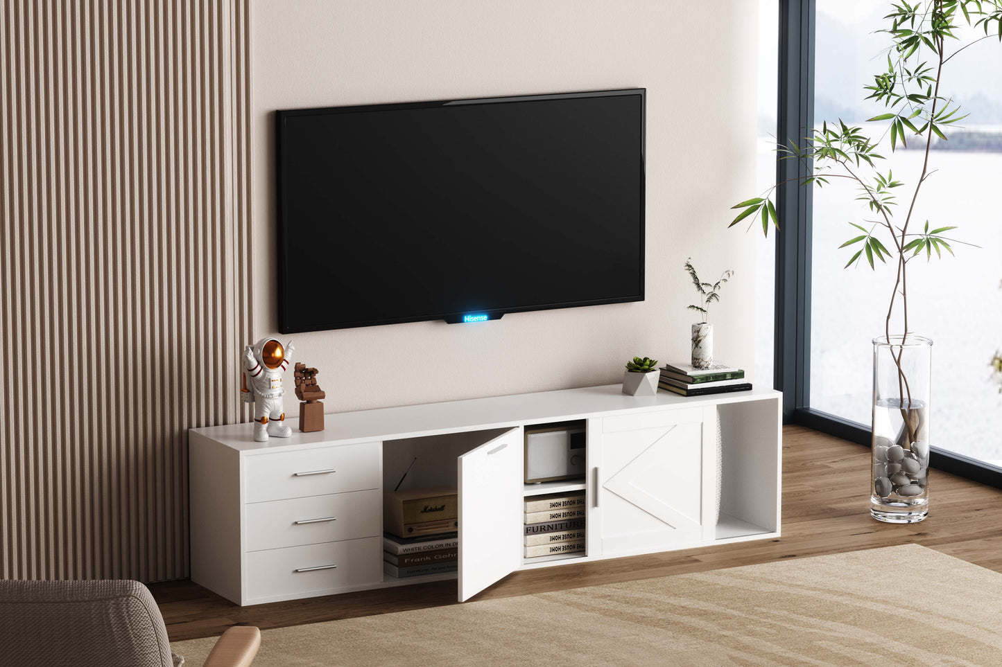 HOMAVO 180cm Modern TV Stand – 3 Drawers, 1 Sliding Door & 1 Swing Door | FSC Wood Storage Cabinet