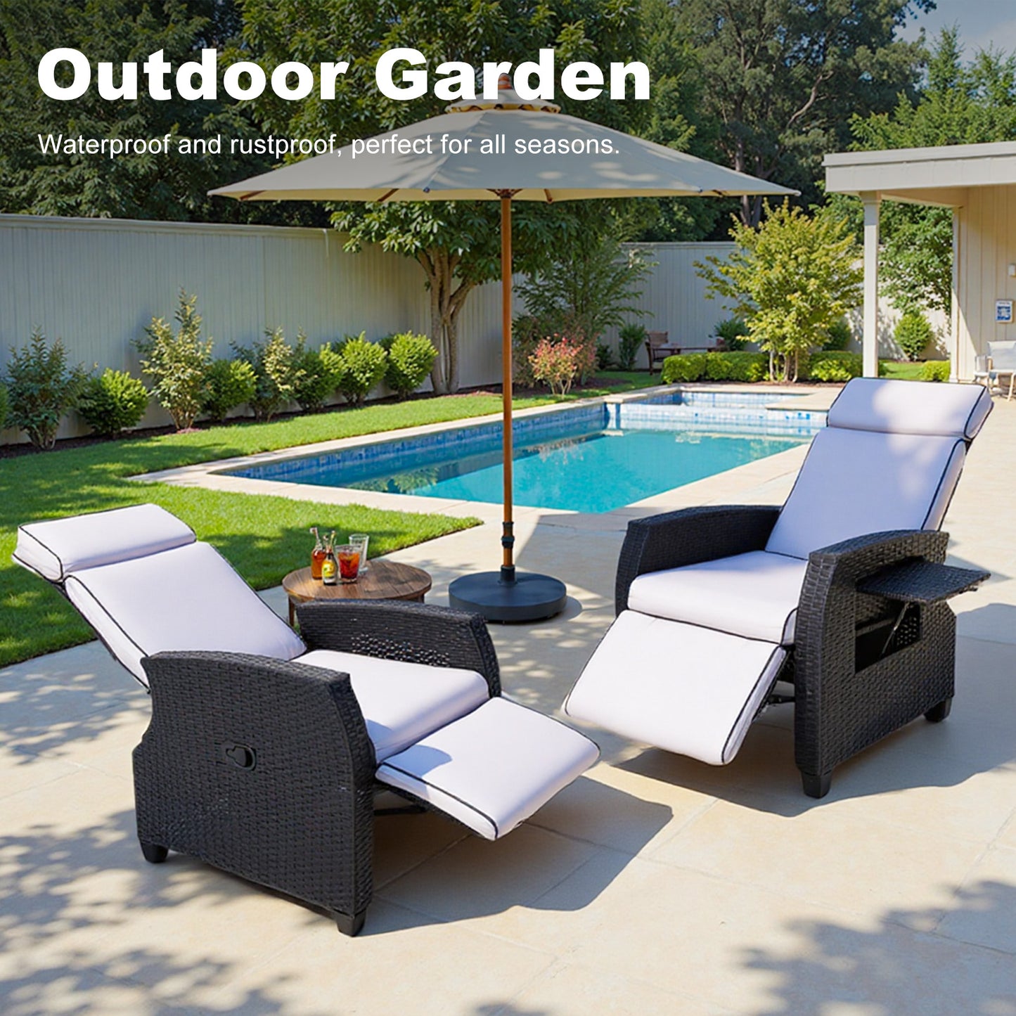 HOMAVO TY01 Rattan Recliner Armchair – Adjustable Backrest, Built-in Side Table, Waterproof & Sun-Resistant, Ideal for Indoor, Balcony, Patio, and Garden
