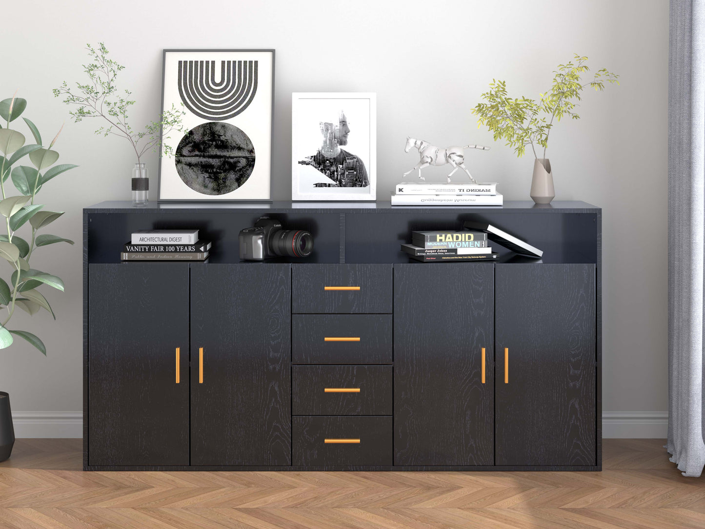 HOMAVO Modern Storage Sideboard with 4 Drawers, 2 Doors and 2 Open Shelves – Buffet Cabinet for Living Room or Dining Room