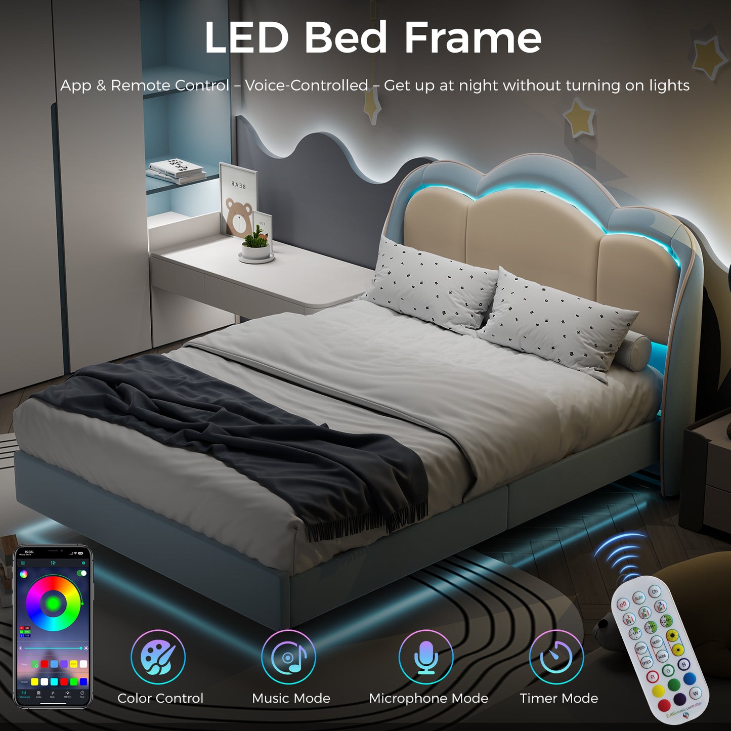 HOMAVO Kids Bed, Floating Bed, Prince/Princess Dream Bed, Cloud-Shaped Bed, LED Music Light, Sturdy Frame