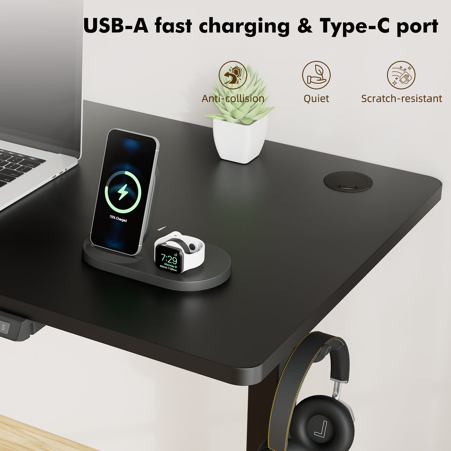Height-Adjustable Sit-Stand Desk with memory Function and Anti-Collision, USB-A and Type-C Ports, Adjustable Height 70-119cm, Home Office Computer Desk