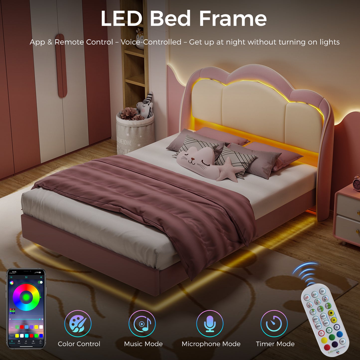 HOMAVO Kids Bed, Floating Bed, Prince/Princess Dream Bed, Cloud-Shaped Bed, LED Music Light, Sturdy Frame