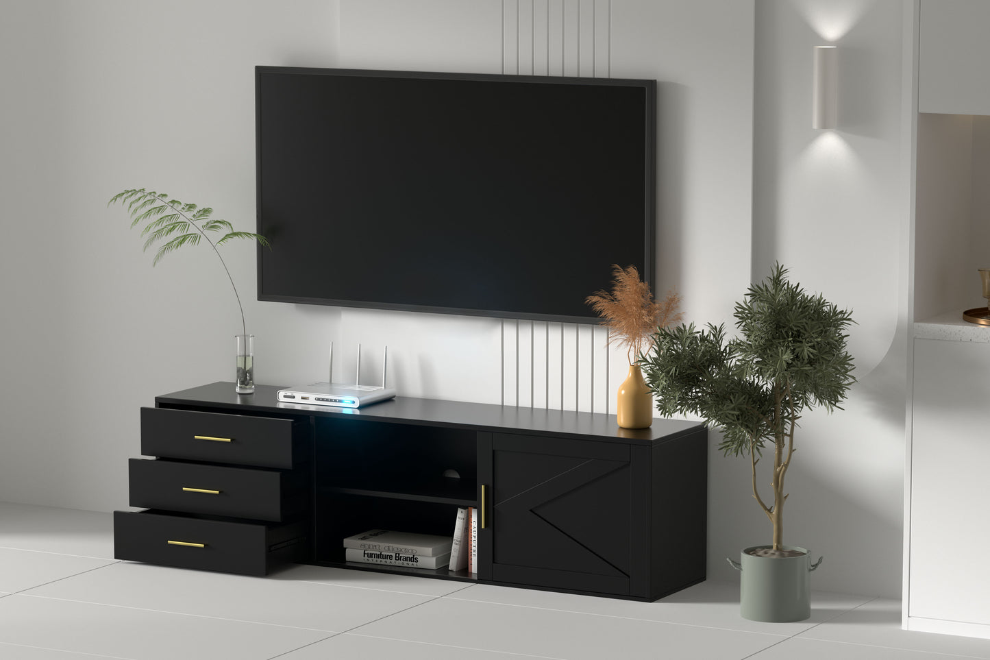 HOMAVO 160cm Modern TV Stand – 3 Drawers & 2 Sliding Doors | FSC Wood Storage Cabinet