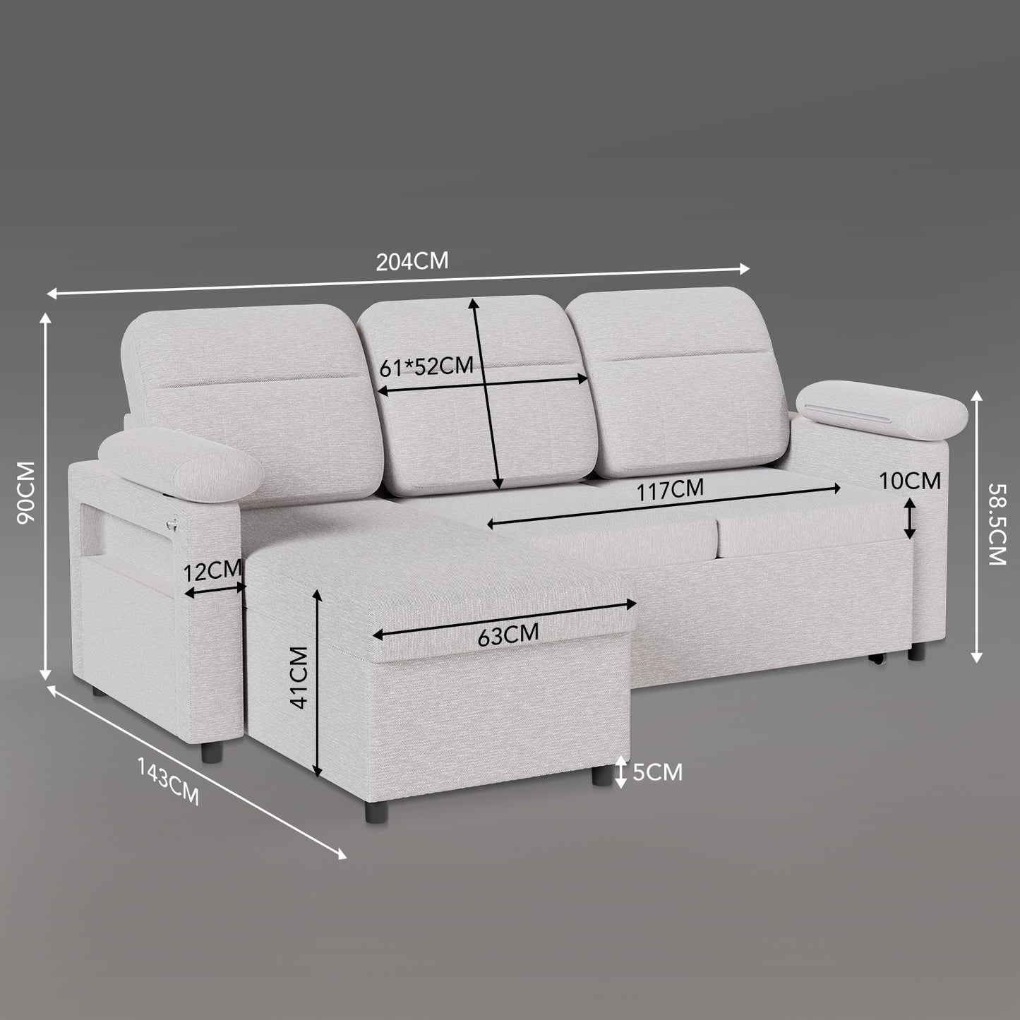 HOMAVO Multifunctional L-Shaped Corner Sofa, Reversible Chaise Longue (Left or Right), Pull-Out Bed, Spring-Package Seat Cushions, Fabric Upholstery, Large Storage Space, Cup and Phone Holder, Removable Covers, FSC Wooden Frame