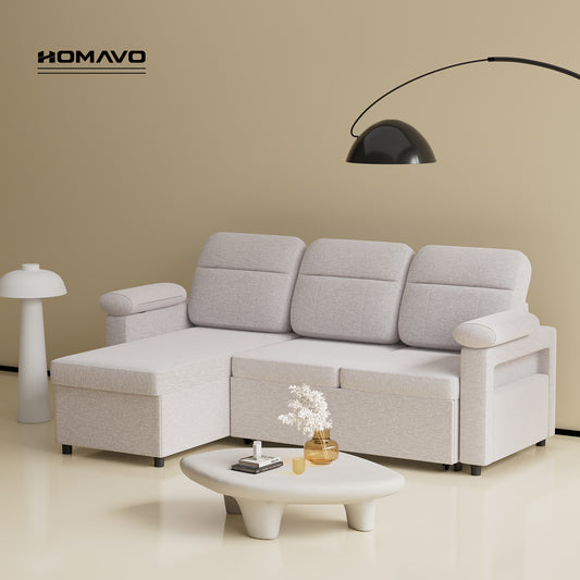 HOMAVO Multifunctional L-Shaped Corner Sofa, Reversible Chaise Longue (Left or Right), Pull-Out Bed, Spring-Package Seat Cushions, Fabric Upholstery, Large Storage Space, Cup and Phone Holder, Removable Covers, FSC Wooden Frame