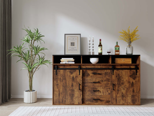 HOMAVO Modern 2-Piece Sideboard with 4 Drawers, 2 Sliding Doors and 2 Open Shelves | Elegant Storage Cabinet for Living Room or Dining Room