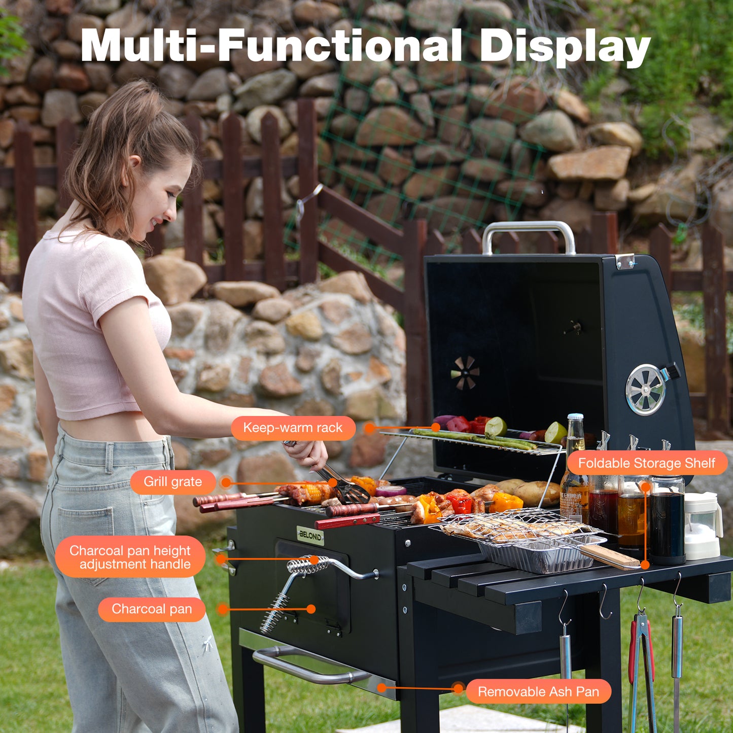 HOMAVO Charcoal Grill, Grill Surface: 56 × 42.5 cm, Height Adjustable Carbon Tub, Foldable Side Table