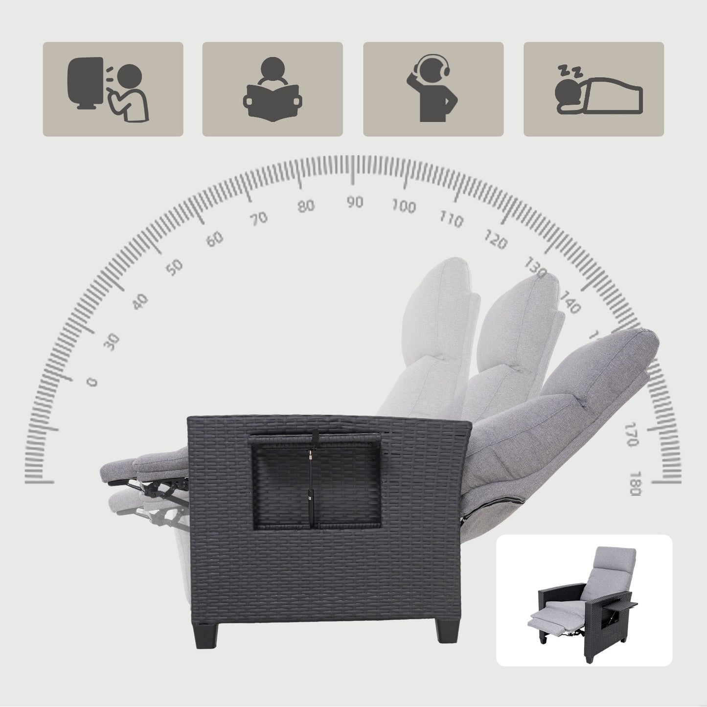 HOMAVO TY02 Rattan Recliner Armchair – Adjustable Backrest, Built-in Side Table, Waterproof & Sun-Resistant, Ideal for Indoor, Balcony, Patio, and Garden