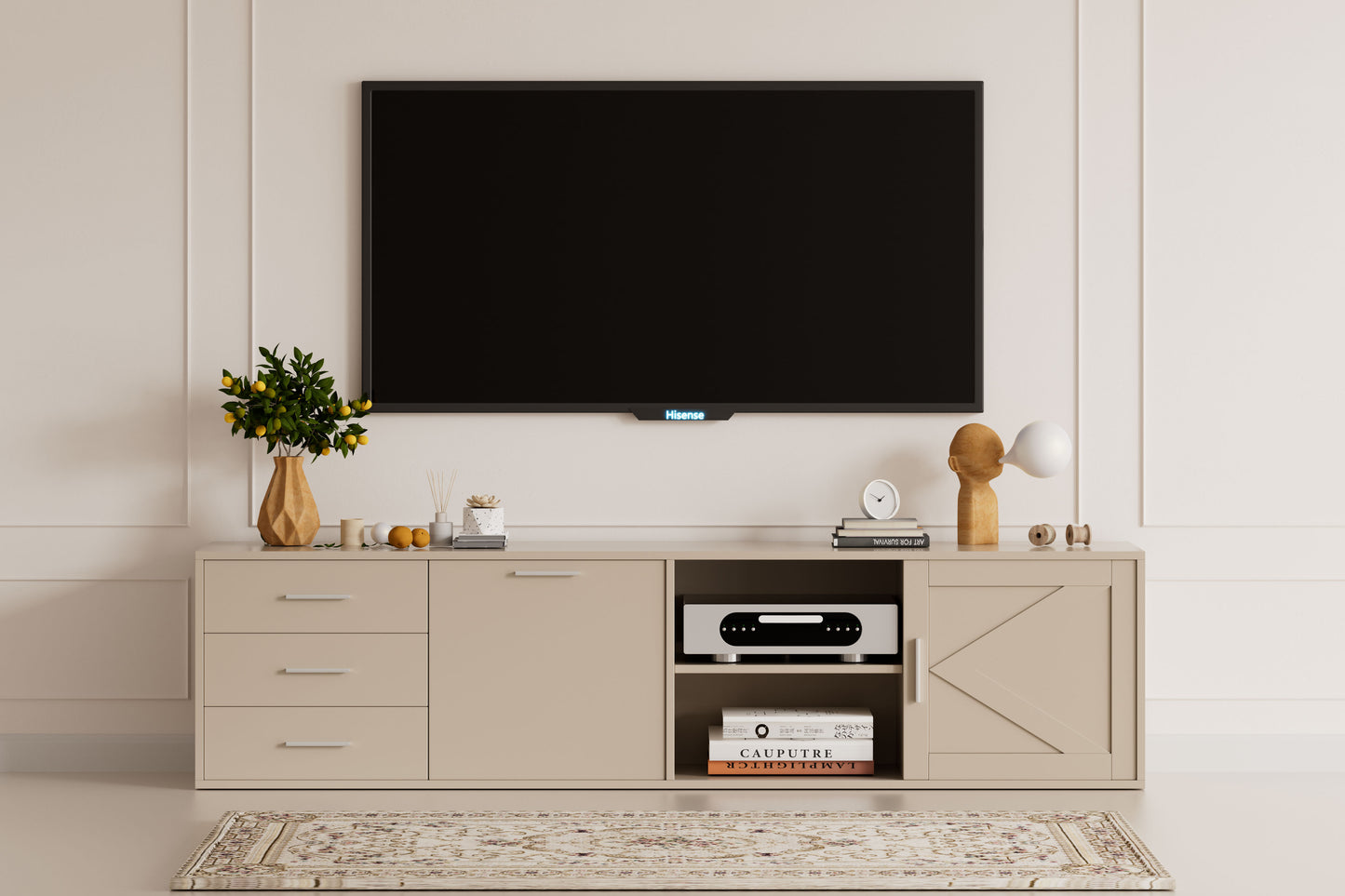 HOMAVO 160-180cm Modern TV Stand – 3 Drawers & 2 Sliding Doors | FSC Wood Storage Cabinet