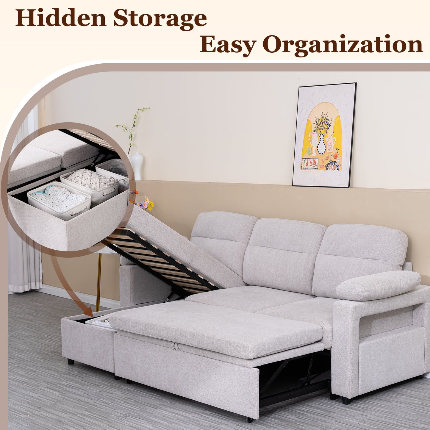 HOMAVO Multifunctional L-Shaped Corner Sofa, Reversible Chaise Longue (Left or Right), Pull-Out Bed, Spring-Package Seat Cushions, Fabric Upholstery, Large Storage Space, Cup and Phone Holder, Removable Covers, FSC Wooden Frame