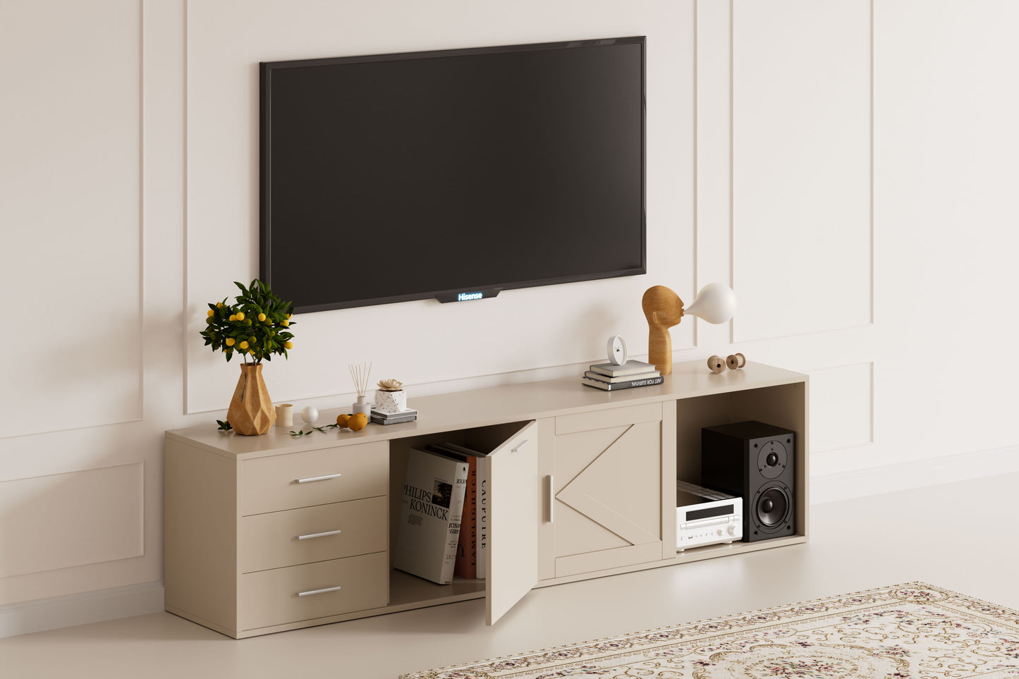 HOMAVO 180cm Modern TV Stand – 3 Drawers, 1 Sliding Door & 1 Swing Door | FSC Wood Storage Cabinet