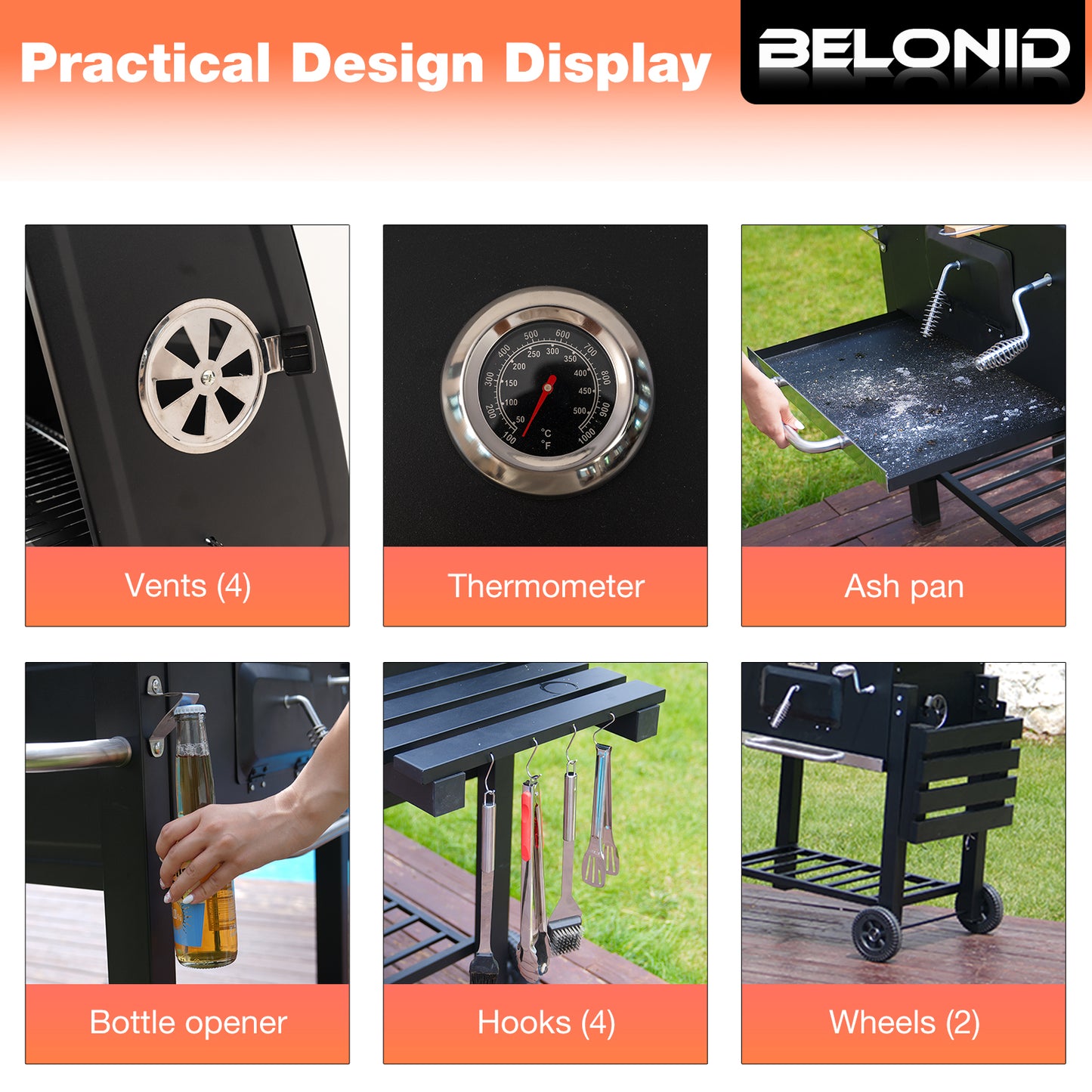 HOMAVO Charcoal Grill, Grill Surface: 56 × 42.5 cm, Height Adjustable Carbon Tub, Foldable Side Table