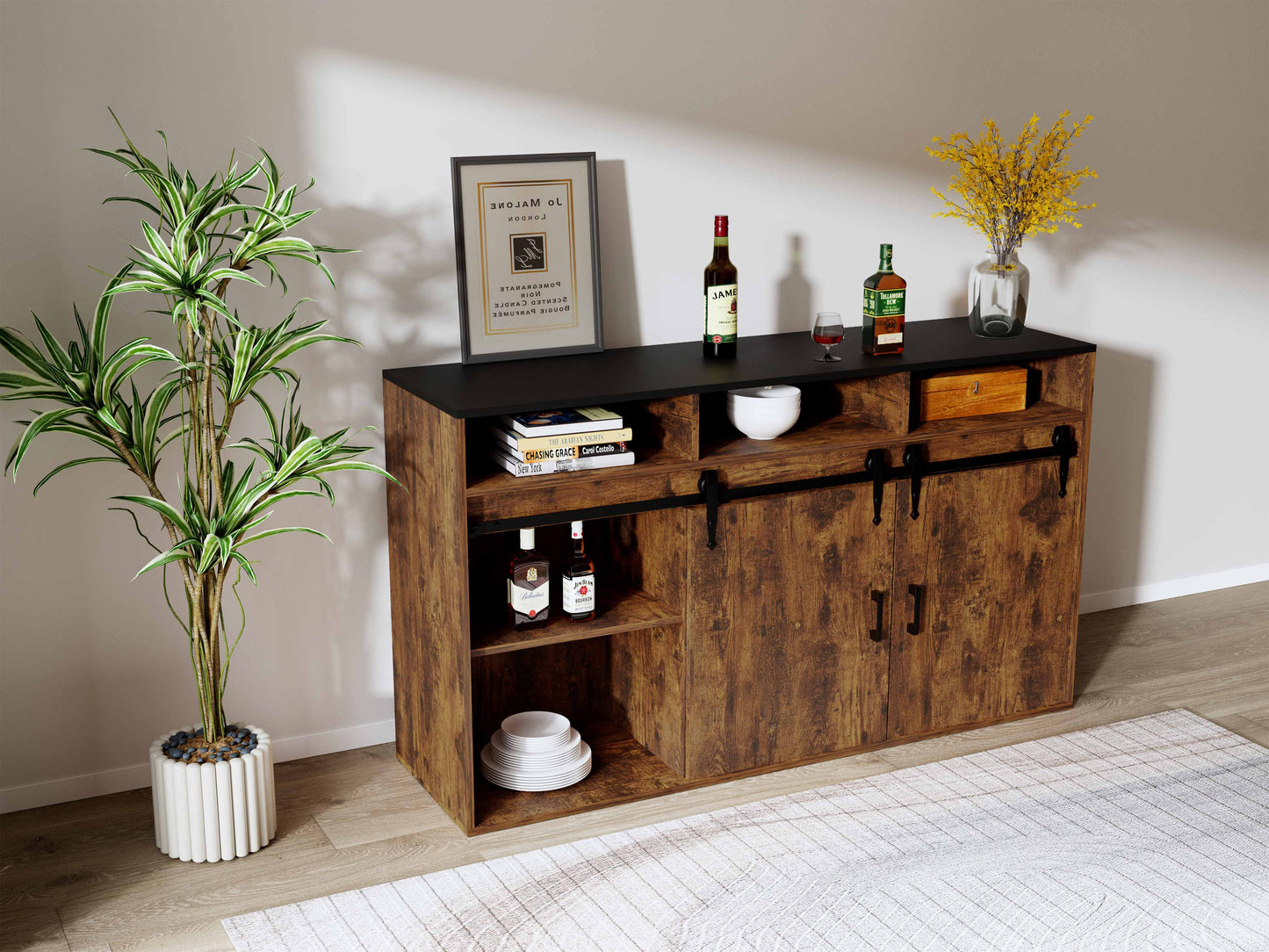 HOMAVO Modern 2-Piece Sideboard with 4 Drawers, 2 Sliding Doors and 2 Open Shelves | Elegant Storage Cabinet for Living Room or Dining Room