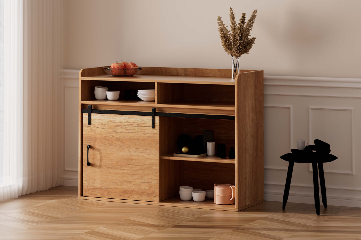 HOMAVO Modern Sideboard – 3 Drawers, 1 Sliding Door & 2 Open Shelves | Elegant Storage Cabinet for Living Room or Dining Room