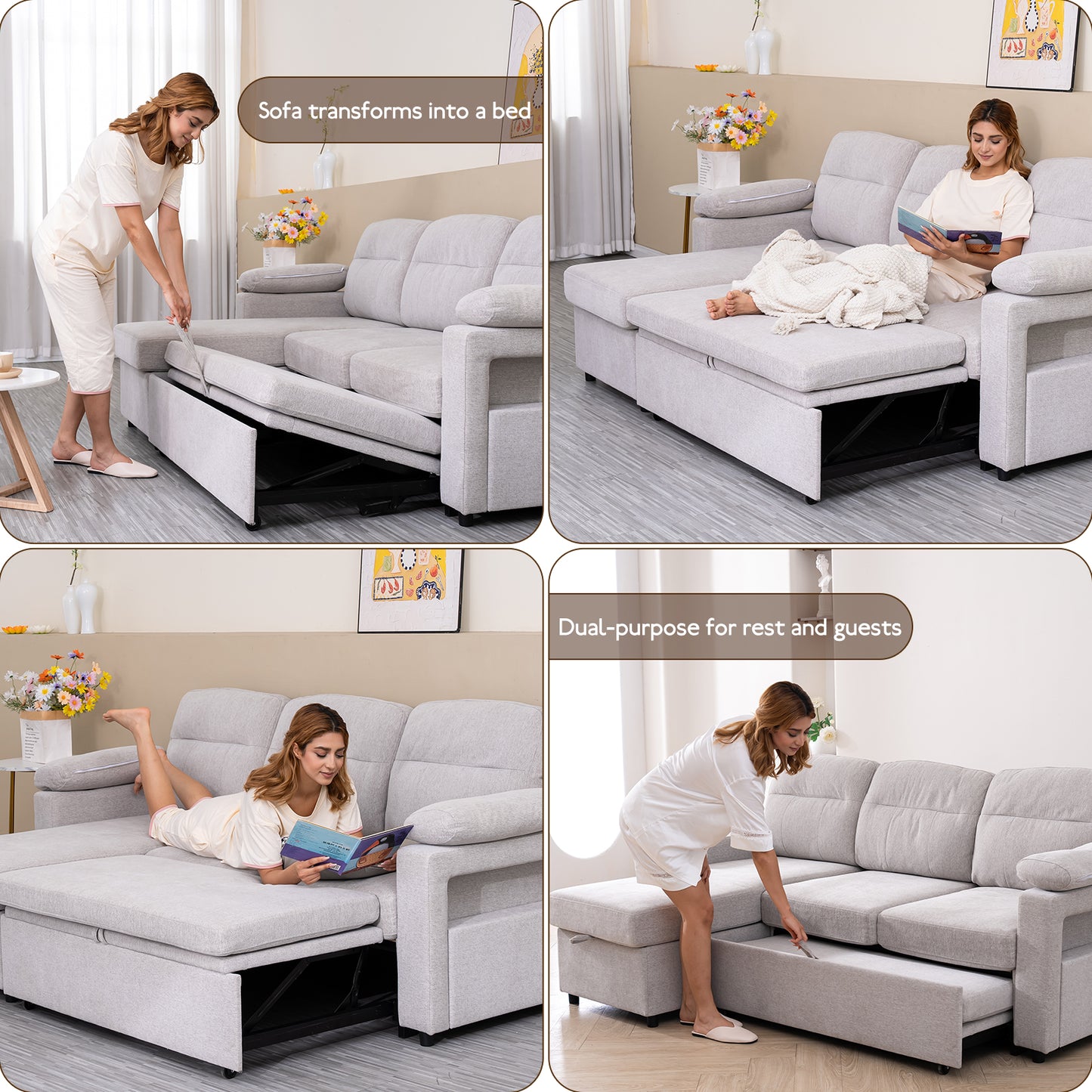 HOMAVO Multifunctional L-Shaped Corner Sofa, Reversible Chaise Longue (Left or Right), Pull-Out Bed, Spring-Package Seat Cushions, Fabric Upholstery, Large Storage Space, Cup and Phone Holder, Removable Covers, FSC Wooden Frame