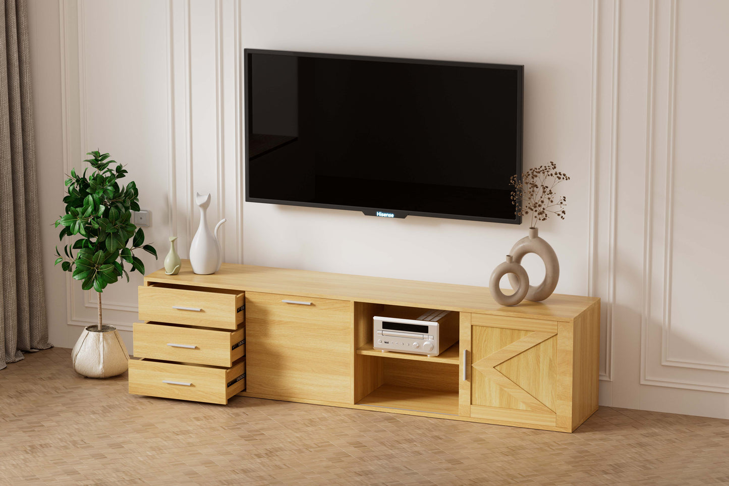 HOMAVO 180cm Modern TV Stand – 3 Drawers, 1 Sliding Door & 1 Swing Door | FSC Wood Storage Cabinet