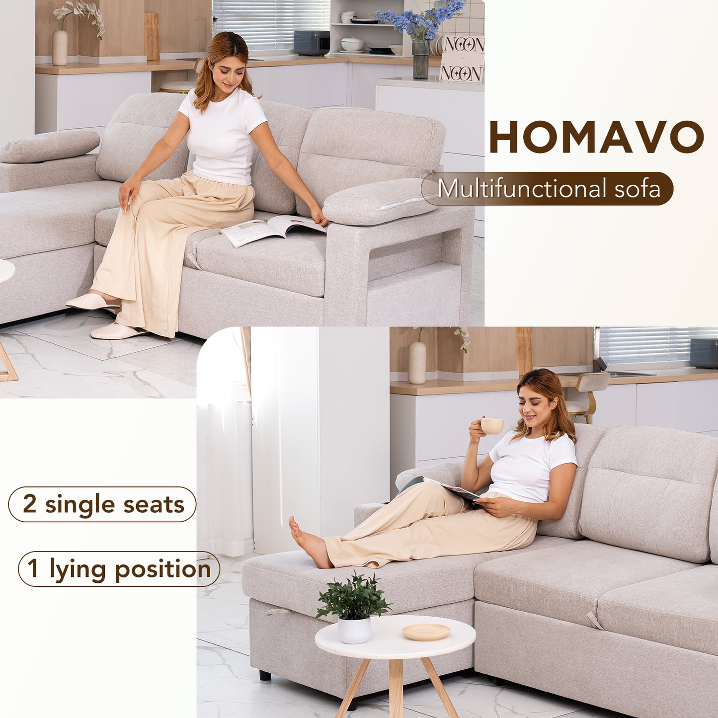 HOMAVO Multifunctional L-Shaped Corner Sofa, Reversible Chaise Longue (Left or Right), Pull-Out Bed, Spring-Package Seat Cushions, Fabric Upholstery, Large Storage Space, Cup and Phone Holder, Removable Covers, FSC Wooden Frame
