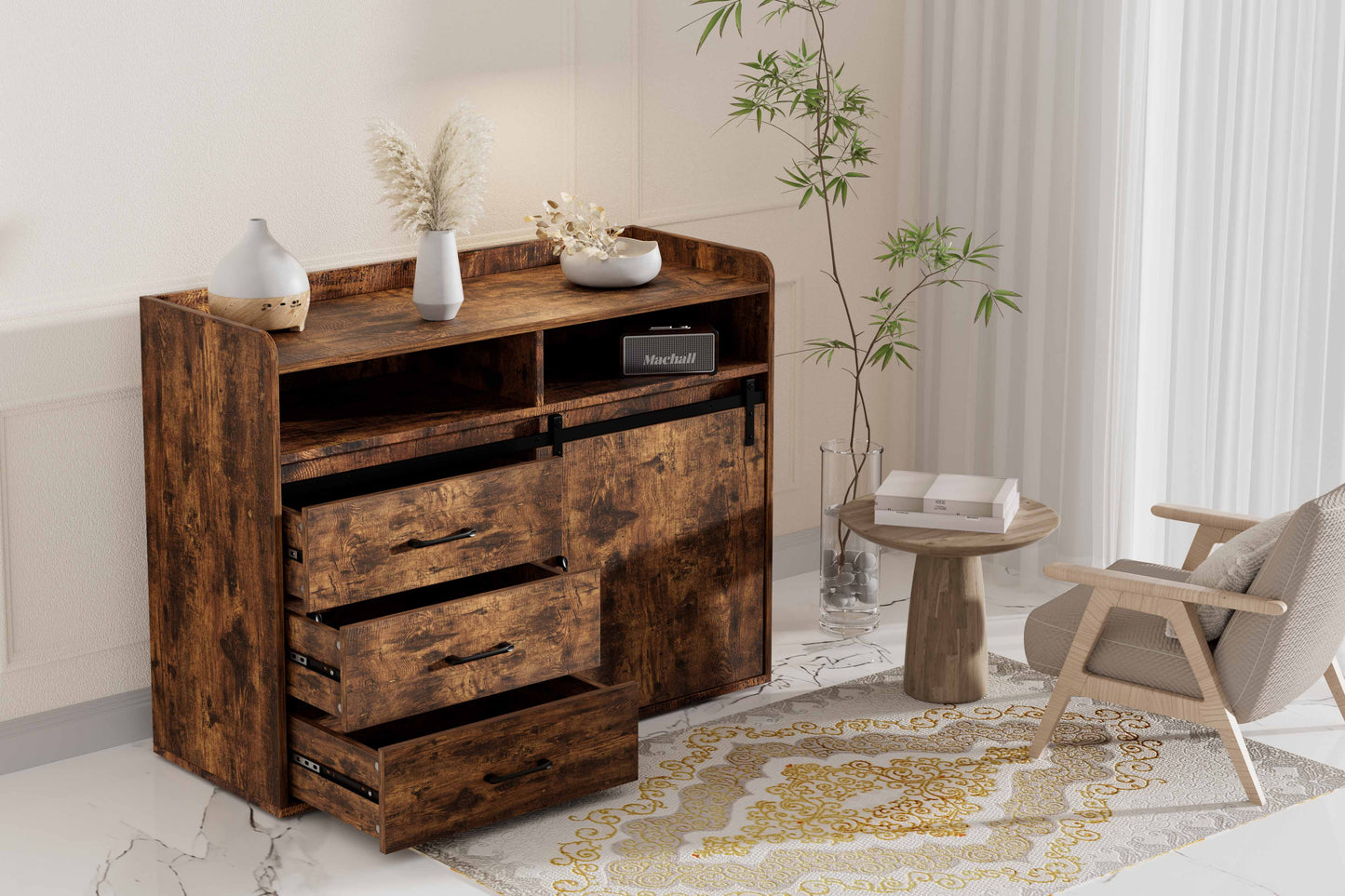HOMAVO Modern Sideboard – 3 Drawers, 1 Sliding Door & 2 Open Shelves | Elegant Storage Cabinet for Living Room or Dining Room