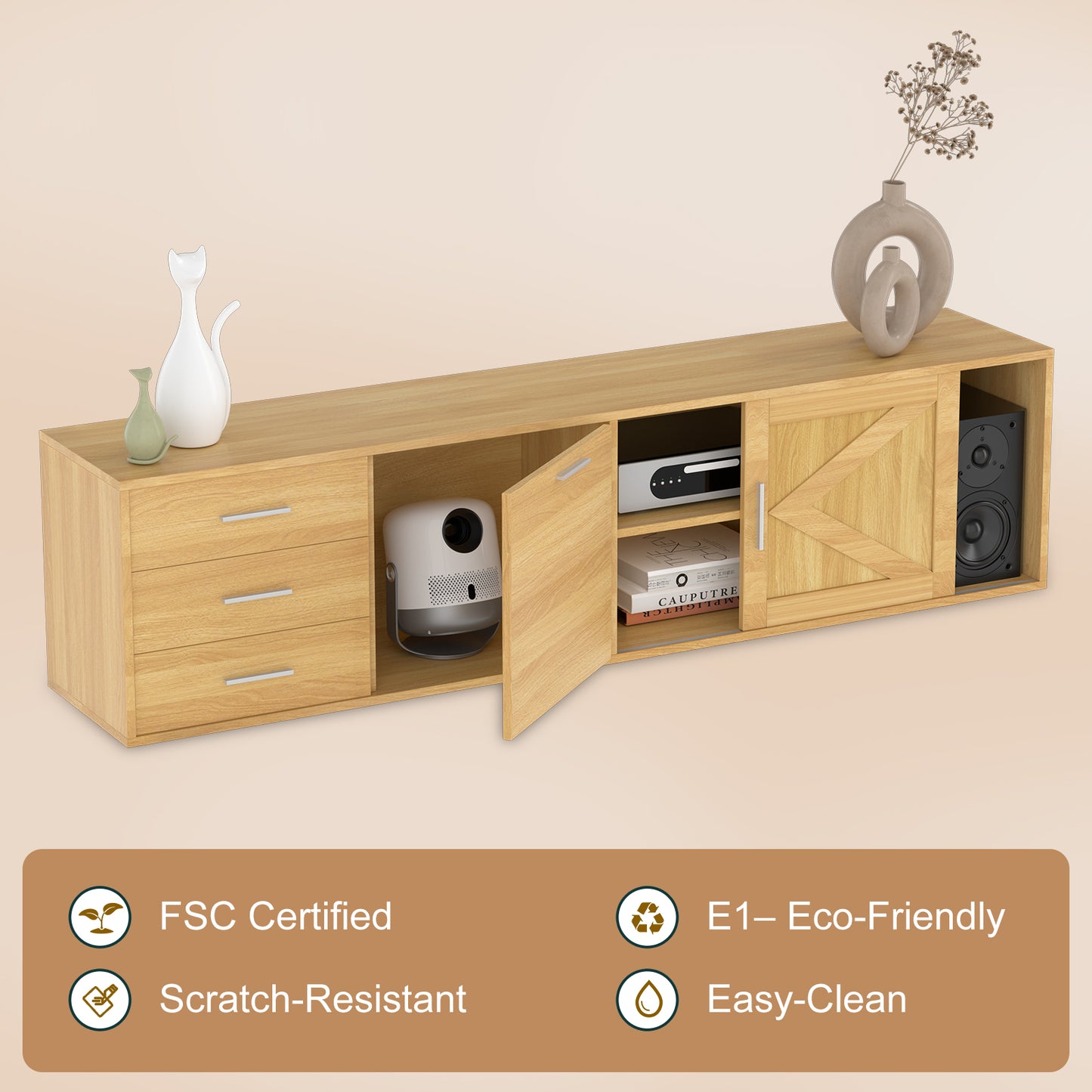 HOMAVO 180cm Modern TV Stand – 3 Drawers, 1 Sliding Door & 1 Swing Door | FSC Wood Storage Cabinet
