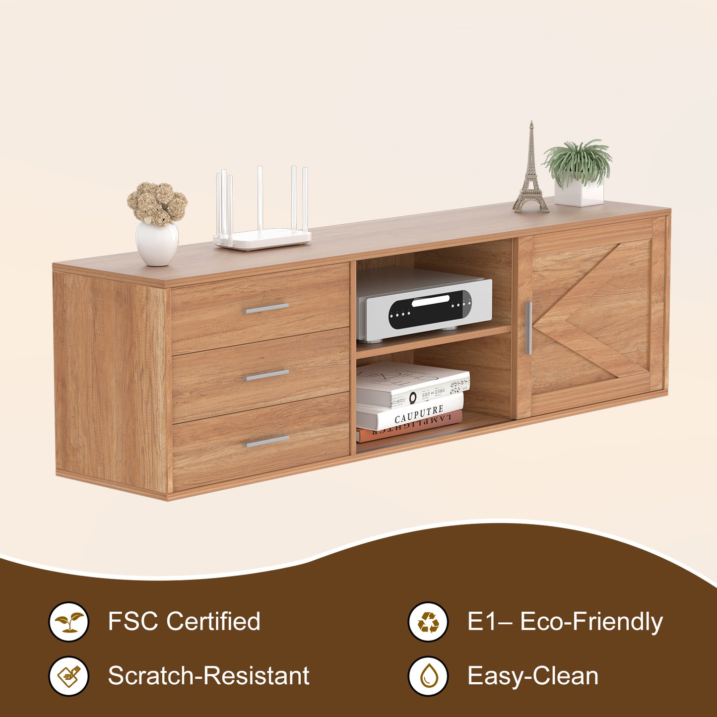 HOMAVO 160cm Modern TV Stand – 3 Drawers & 2 Sliding Doors | FSC Wood Storage Cabinet