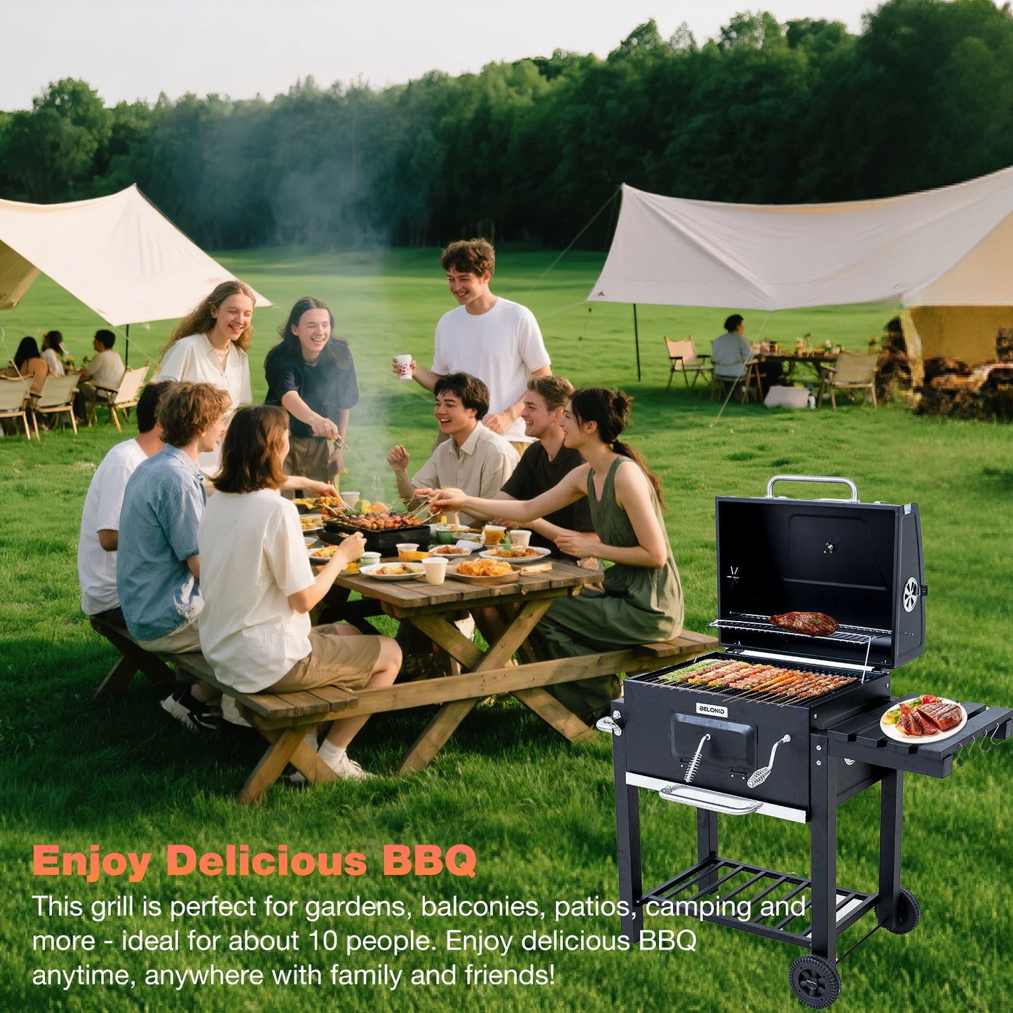 HOMAVO Charcoal Grill, Grill Surface: 56 × 42.5 cm, Height Adjustable Carbon Tub, Foldable Side Table