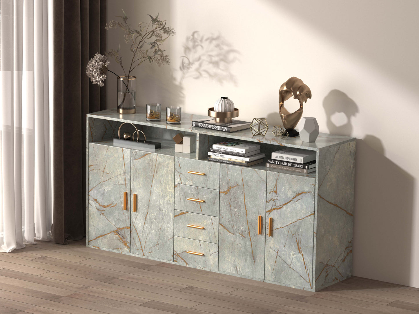 HOMAVO Modern Storage Sideboard with 4 Drawers, 2 Doors and 2 Open Shelves – Buffet Cabinet for Living Room or Dining Room