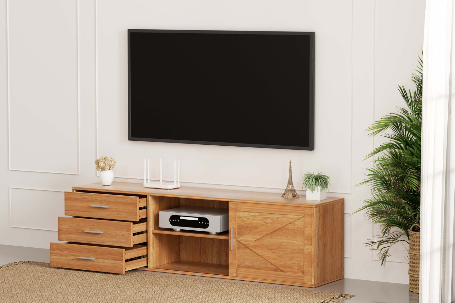 HOMAVO 160cm Modern TV Stand – 3 Drawers & 2 Sliding Doors | FSC Wood Storage Cabinet