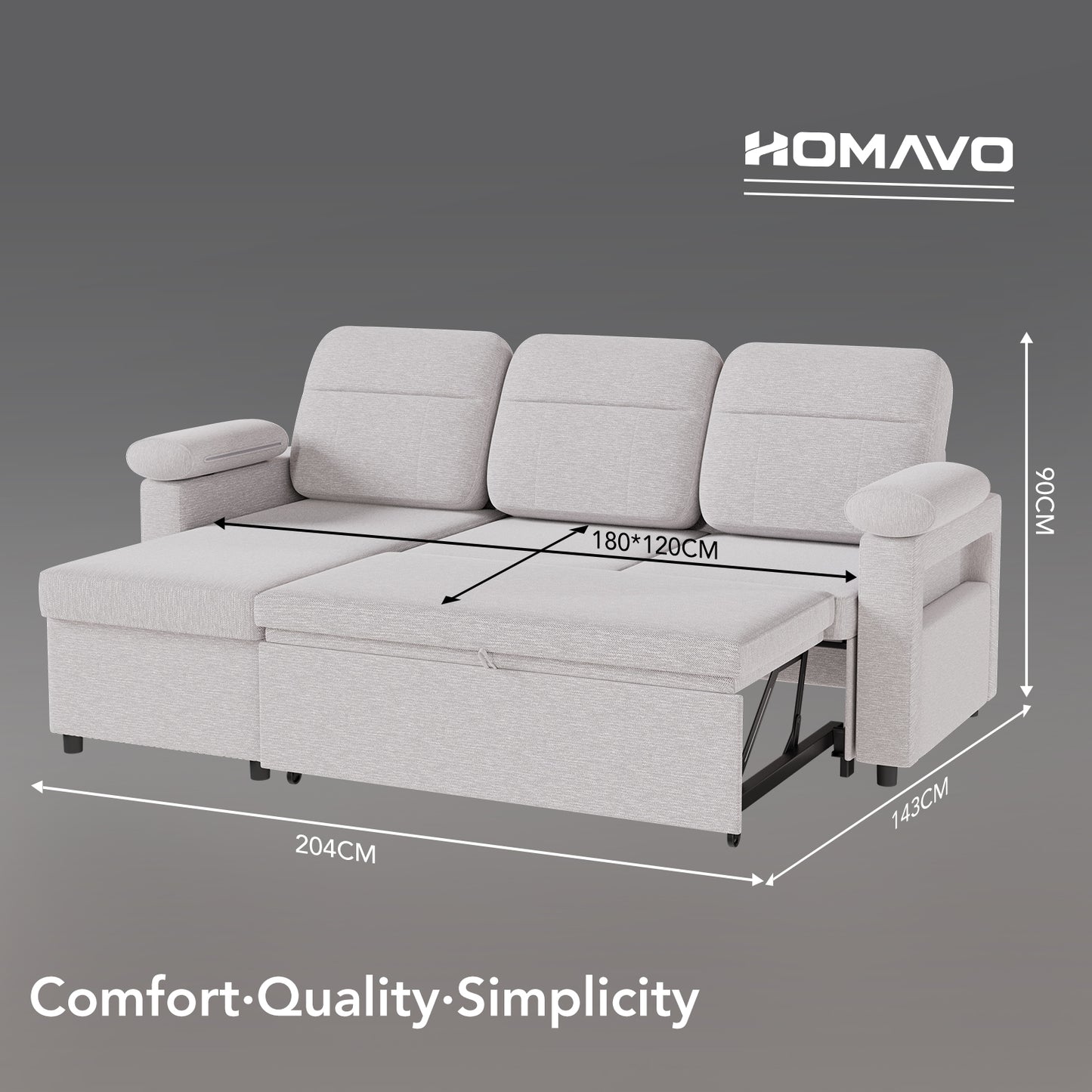 HOMAVO Multifunctional L-Shaped Corner Sofa, Reversible Chaise Longue (Left or Right), Pull-Out Bed, Spring-Package Seat Cushions, Fabric Upholstery, Large Storage Space, Cup and Phone Holder, Removable Covers, FSC Wooden Frame