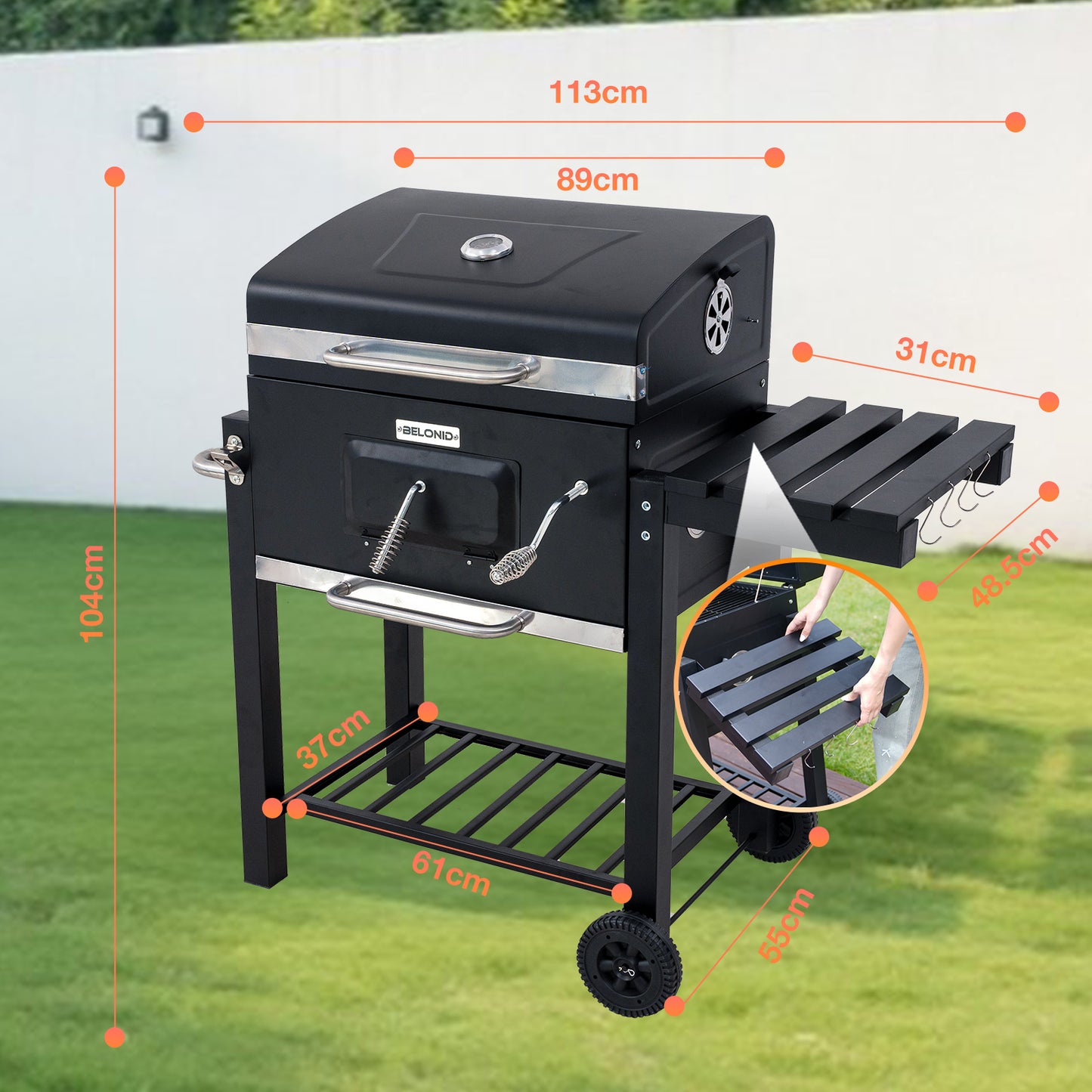 HOMAVO Charcoal Grill, Grill Surface: 56 × 42.5 cm, Height Adjustable Carbon Tub, Foldable Side Table
