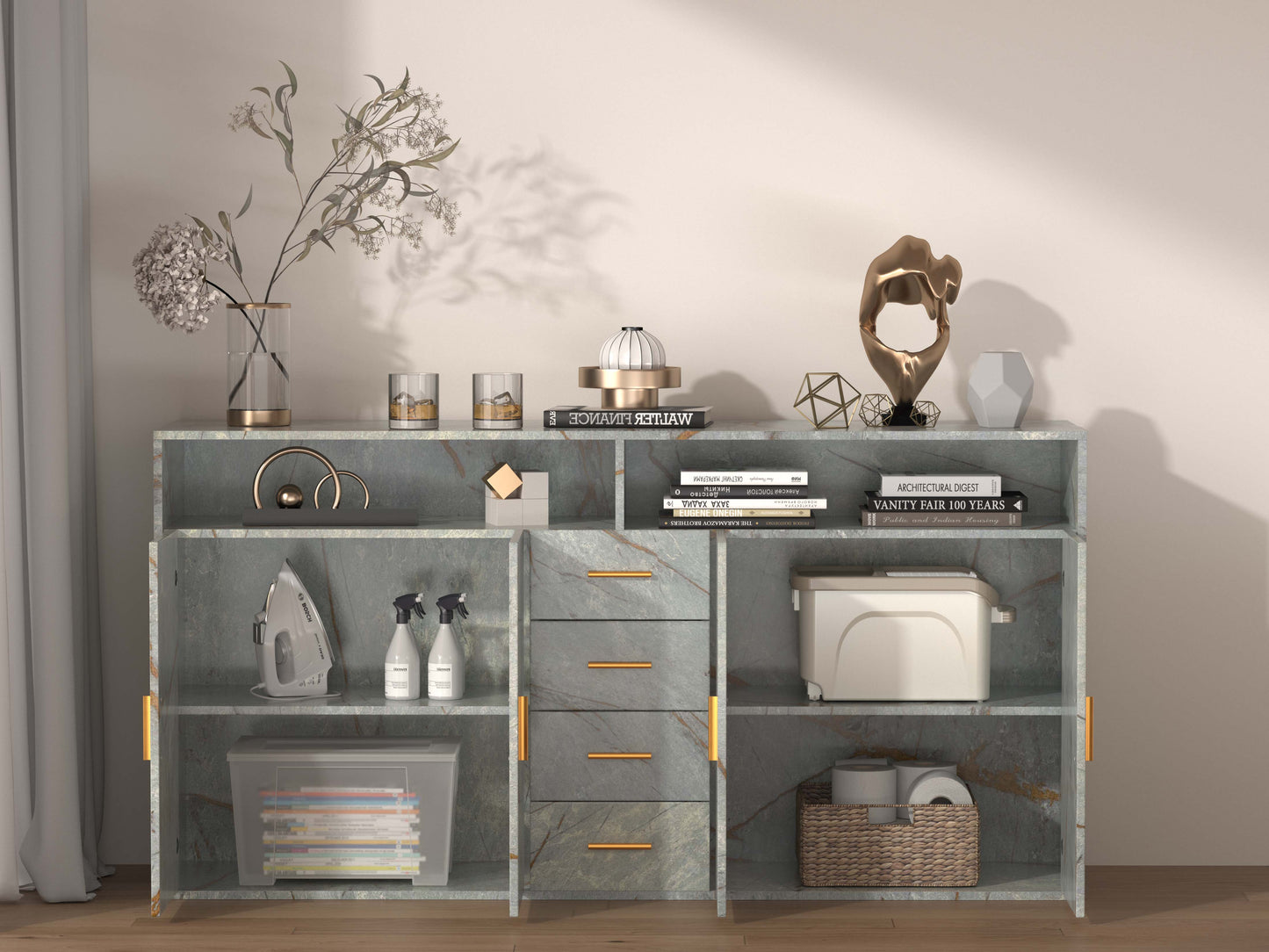 HOMAVO Modern Storage Sideboard with 4 Drawers, 2 Doors and 2 Open Shelves – Buffet Cabinet for Living Room or Dining Room