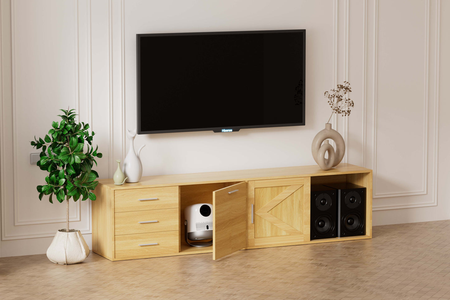 HOMAVO 180cm Modern TV Stand – 3 Drawers, 1 Sliding Door & 1 Swing Door | FSC Wood Storage Cabinet